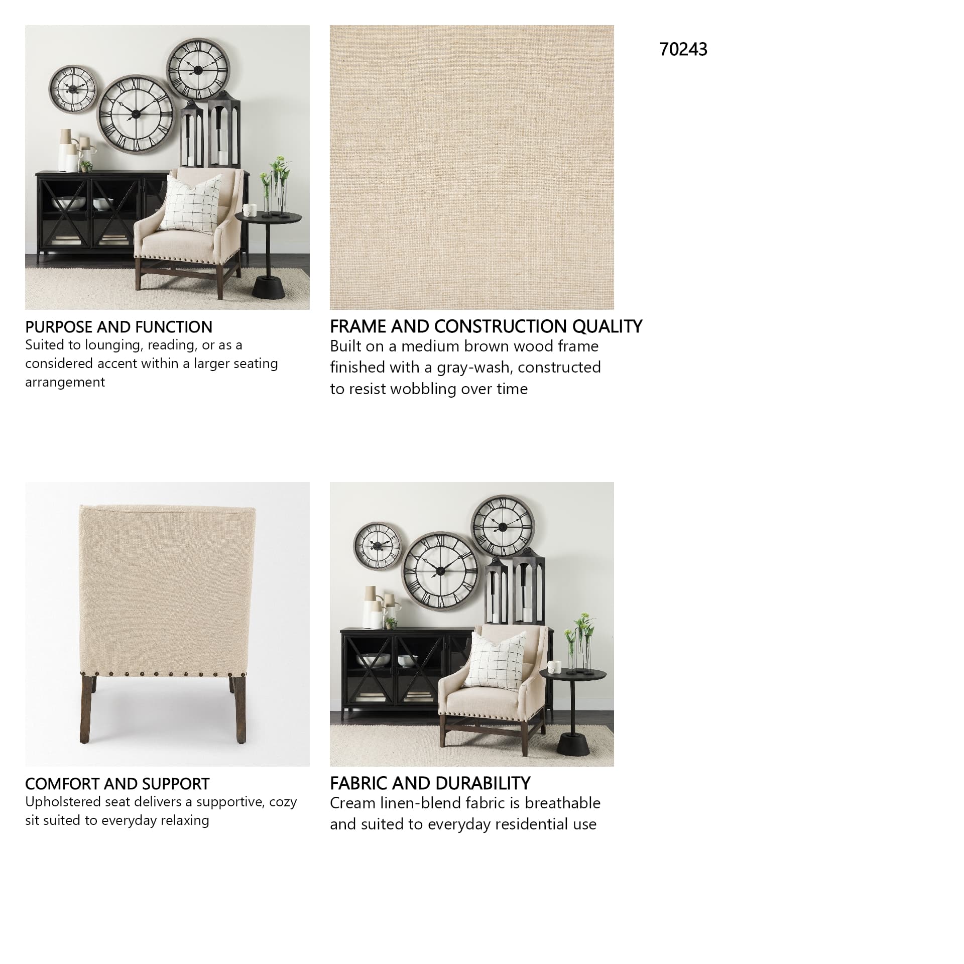 Kensington Cream Linen Fabric and Wood Accent Chair — in a styled room
