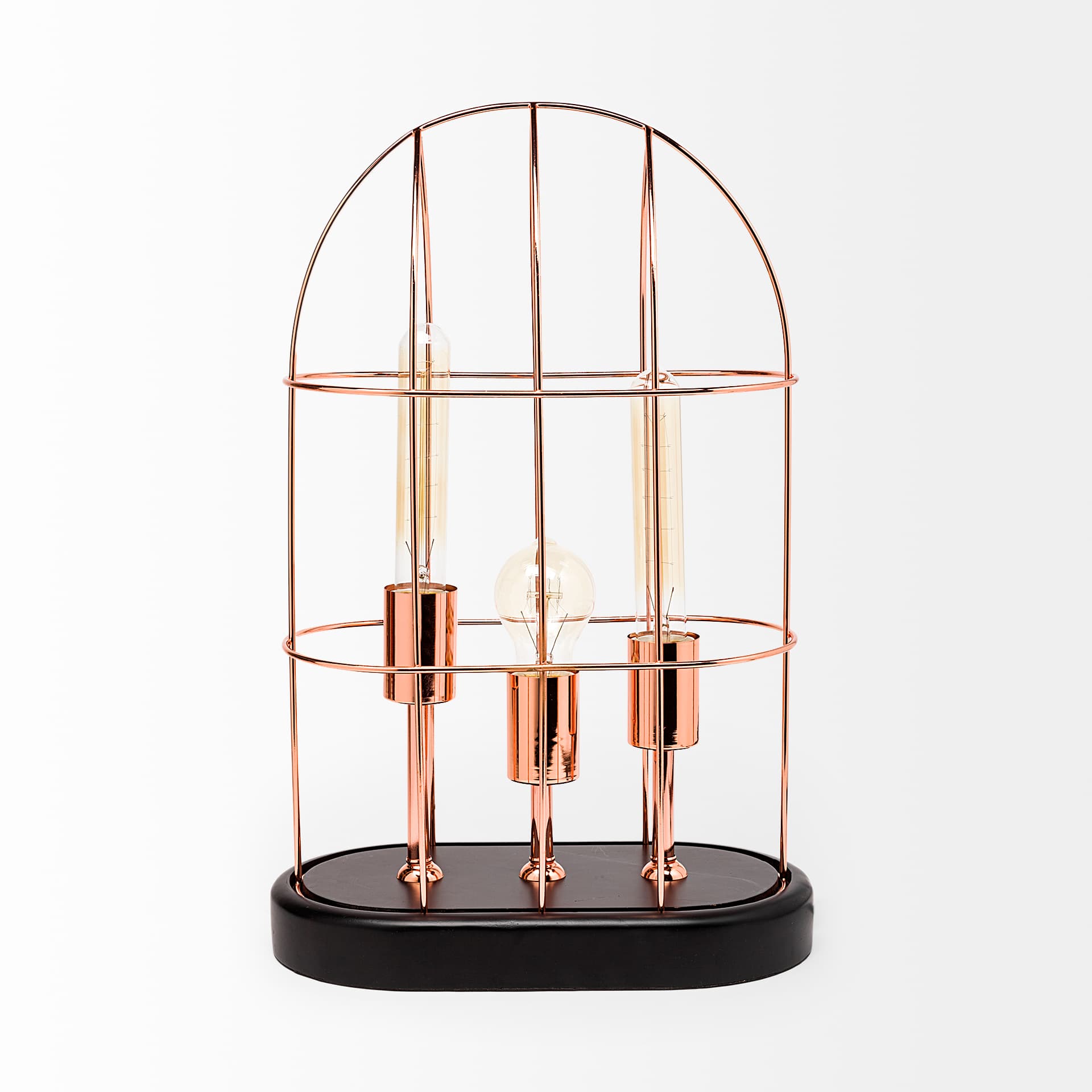 Sutton (19.3"H) Rose-Gold Metal Cylindrical Cage Three Bulb Table Lamp — product photograph