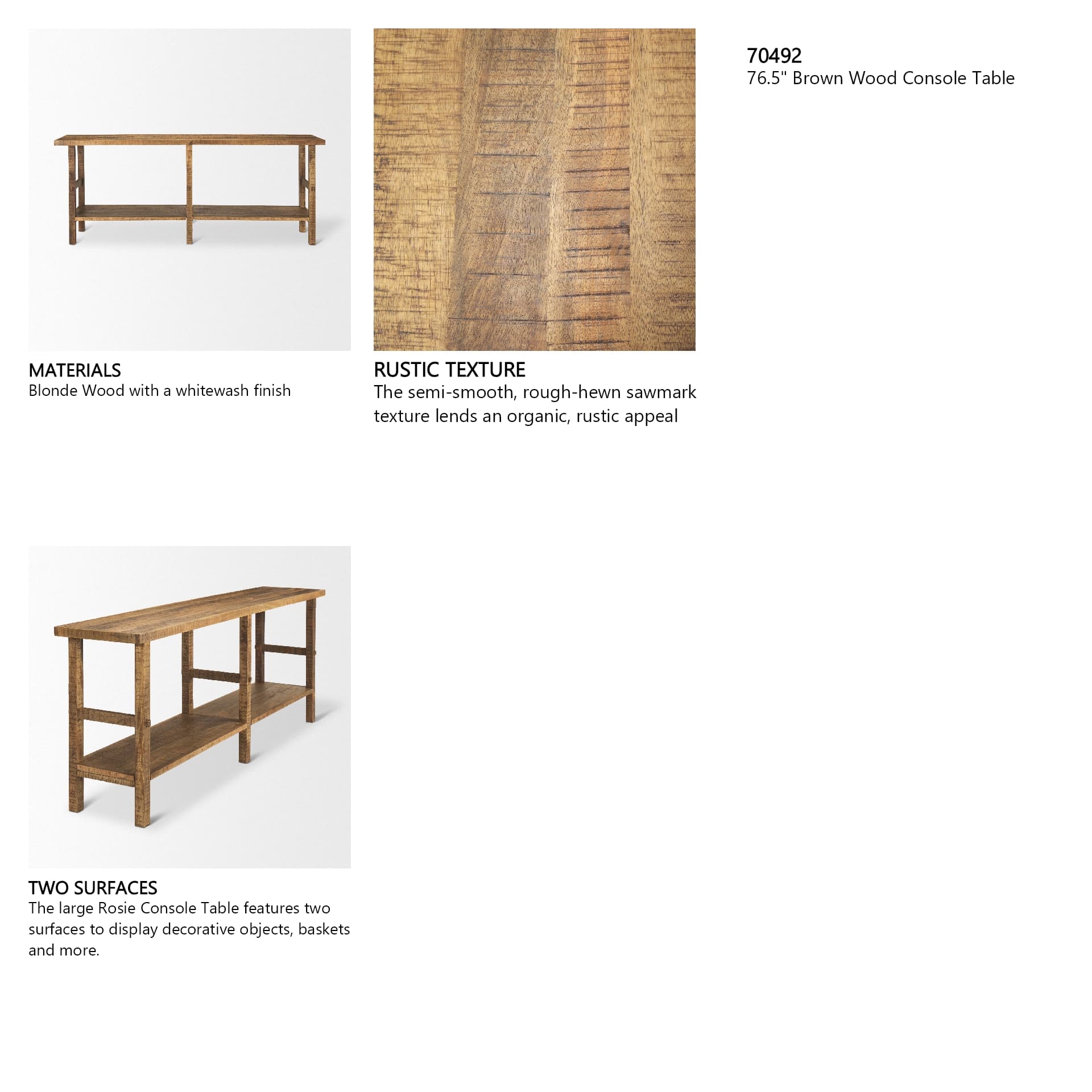 Rosie 76.5" Brown Wood Console Table — in a styled room