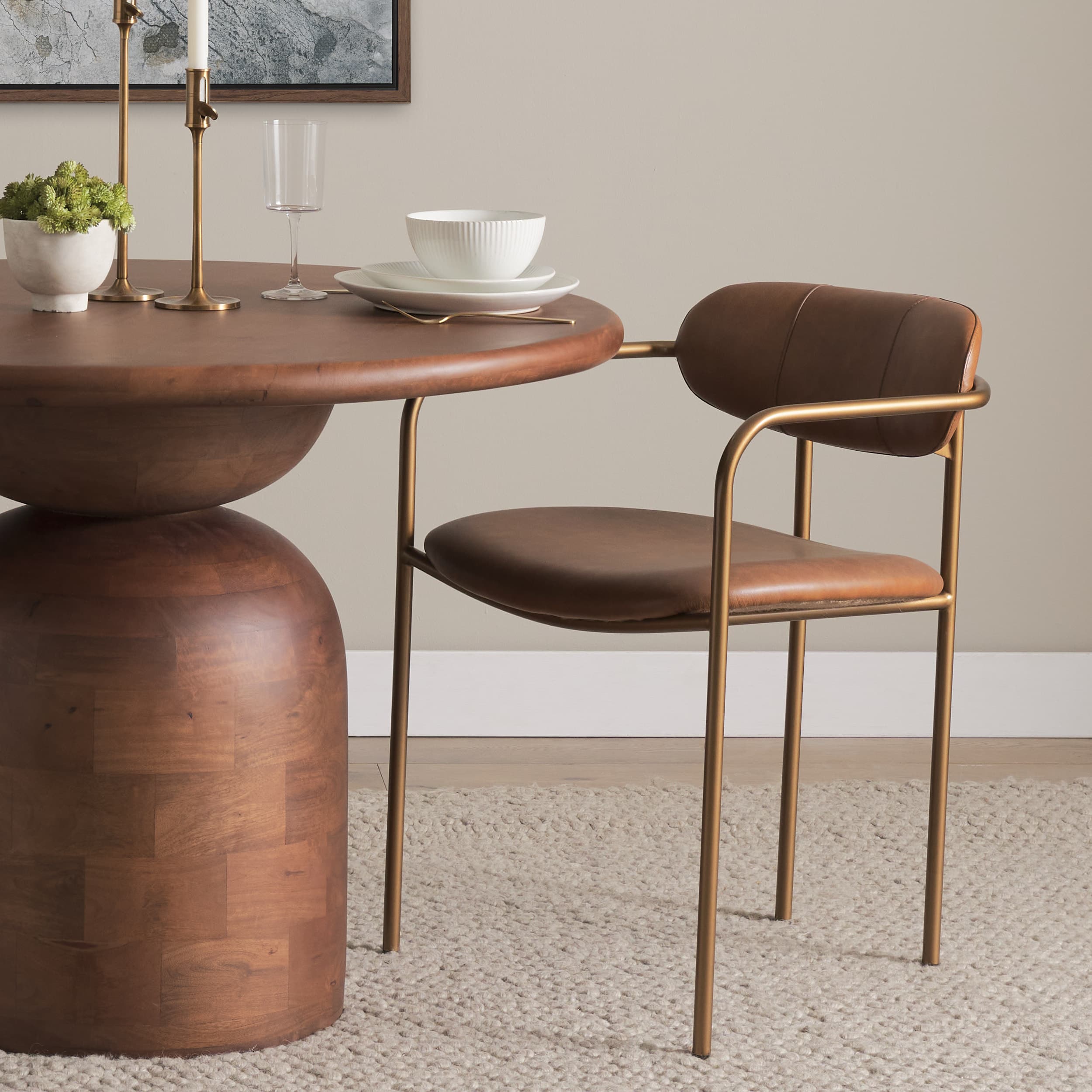 Parker Curved Back Dining Arm Chair | Brown Leather w/ Gold Metal — product photograph