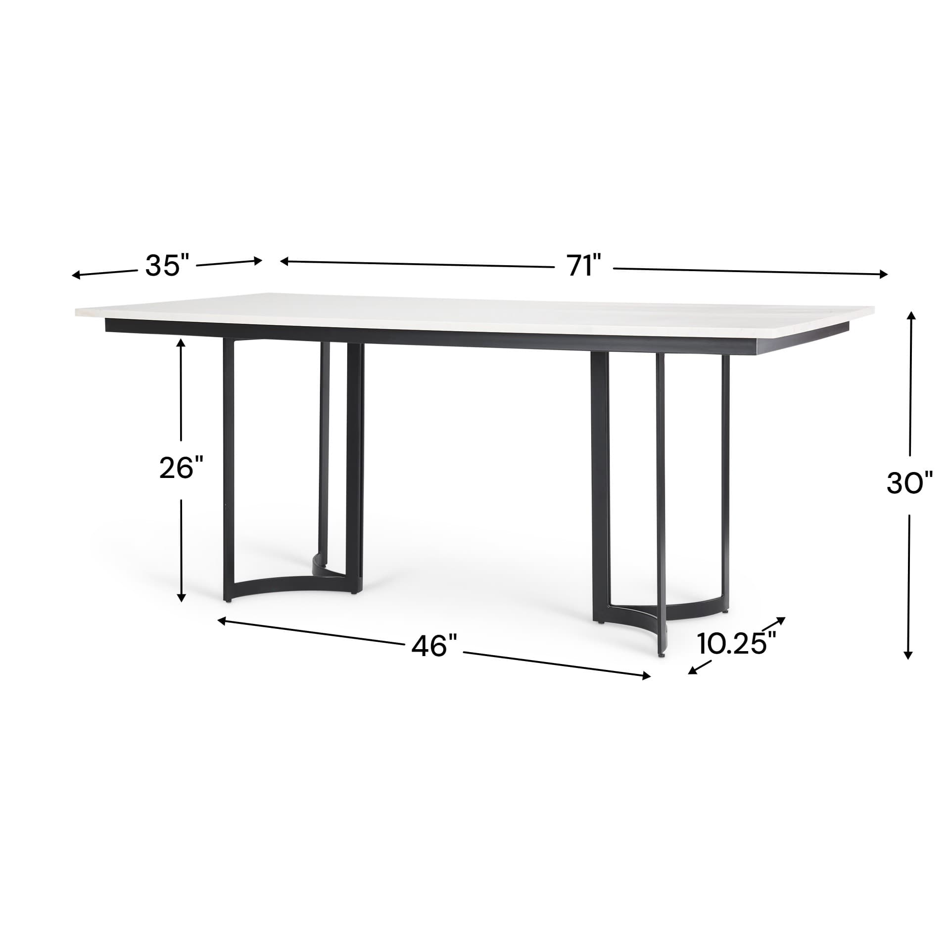 Tanner 71"L x 35"W Rectangular Pedestal Dining Table | Modern | White Marble & Black Metal | Seats 6 — product photograph