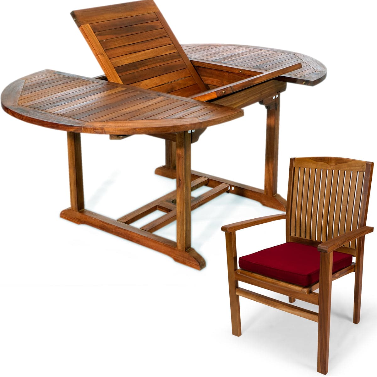 5-Piece Teak Oval Extension Table Stacking Chair Set with Red Cushions TE70-24-R — product photograph