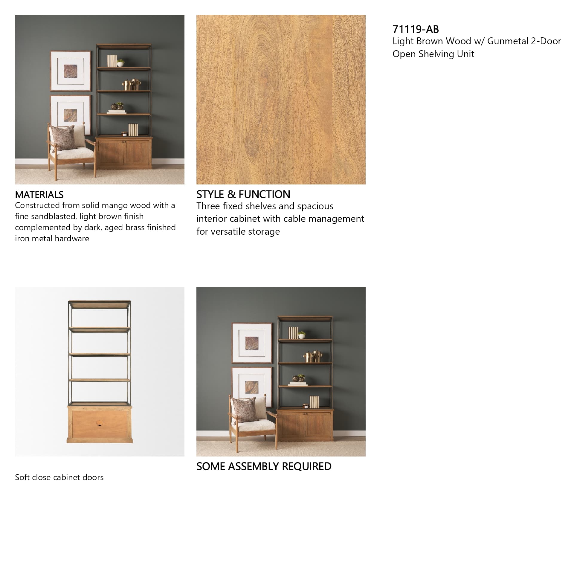 Baron Light Brown Wood w/ Gunmetal 2-Door Open Shelving Unit — in a styled room