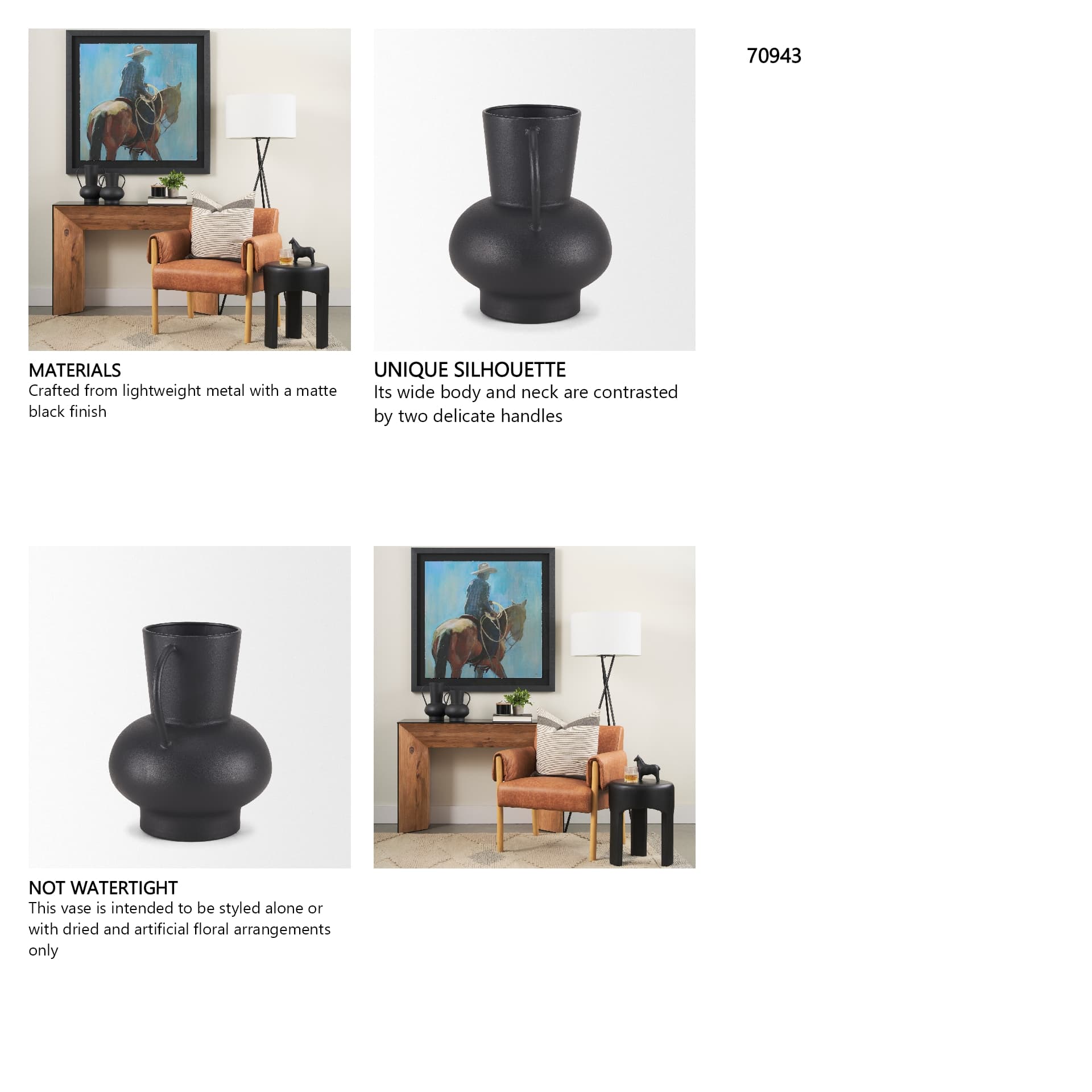 Tasya Small Matte Black Metal Vase — in a styled room