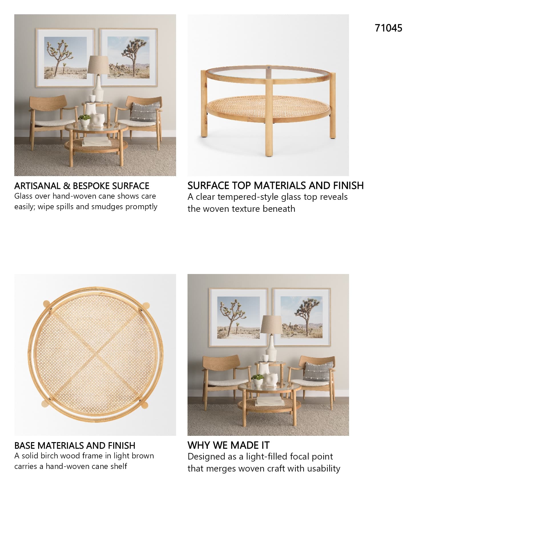 Weslyn Solid Light Brown Wood and Glass Top w/ Cane Coffee Table — in a styled room