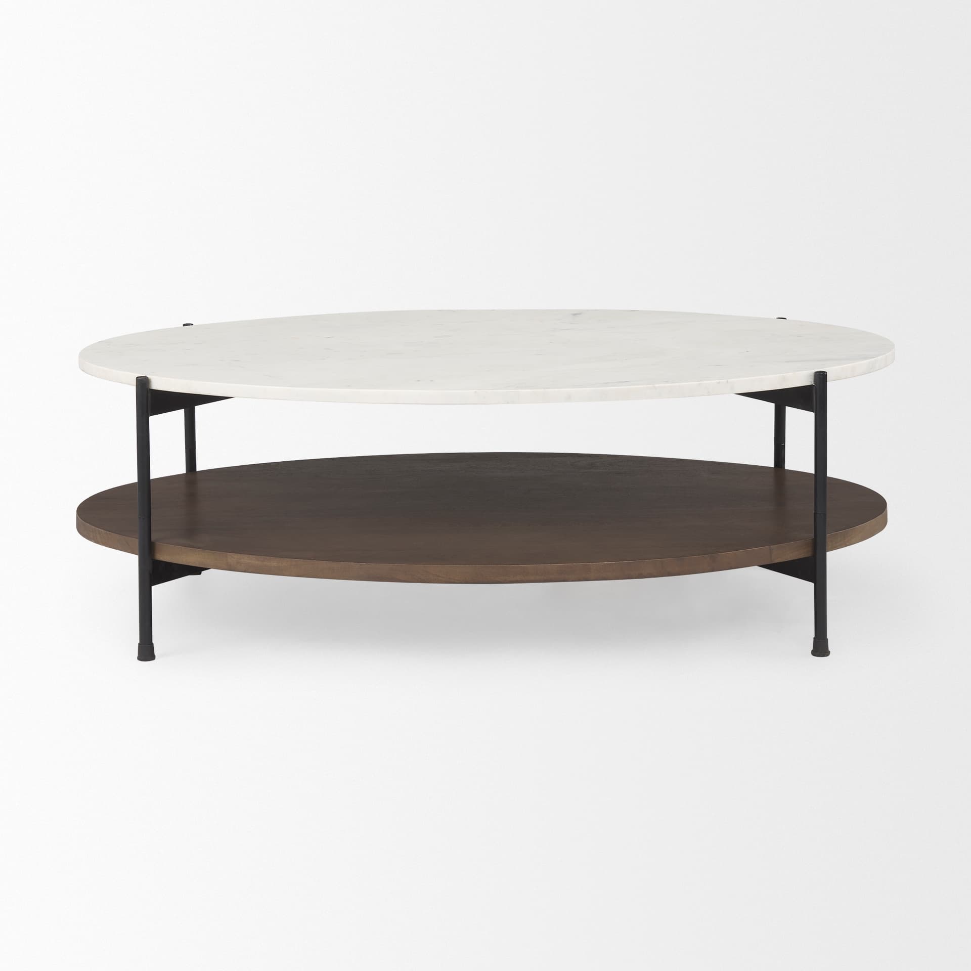 Larkin White Marble Top w/ Dark Brown Wood Shelf Oval Coffee Table — product photograph