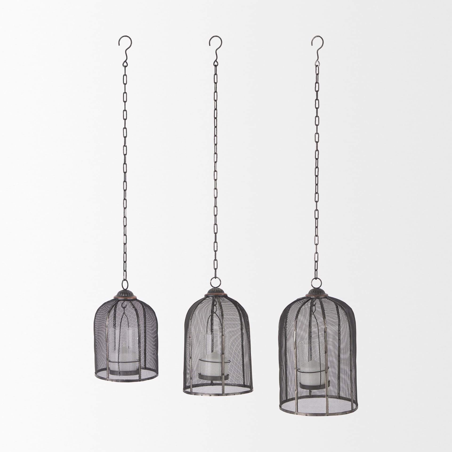 Jutland Set of Three Black Metal Bird Cage Candle Holder Lanterns — product photograph