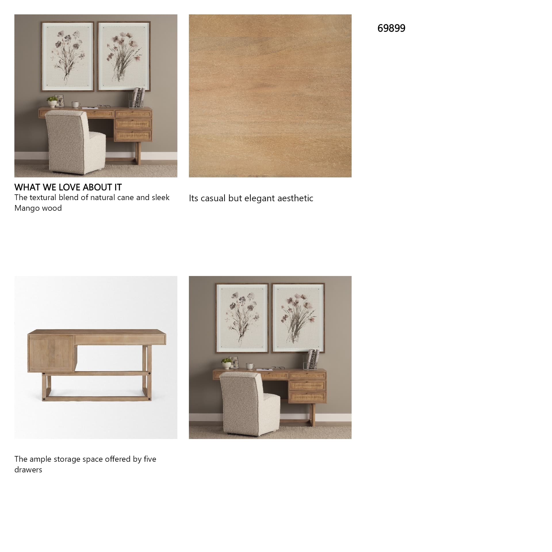 Grier 60" Light Brown Solid Wood W/Cane Office Desk — in a styled room