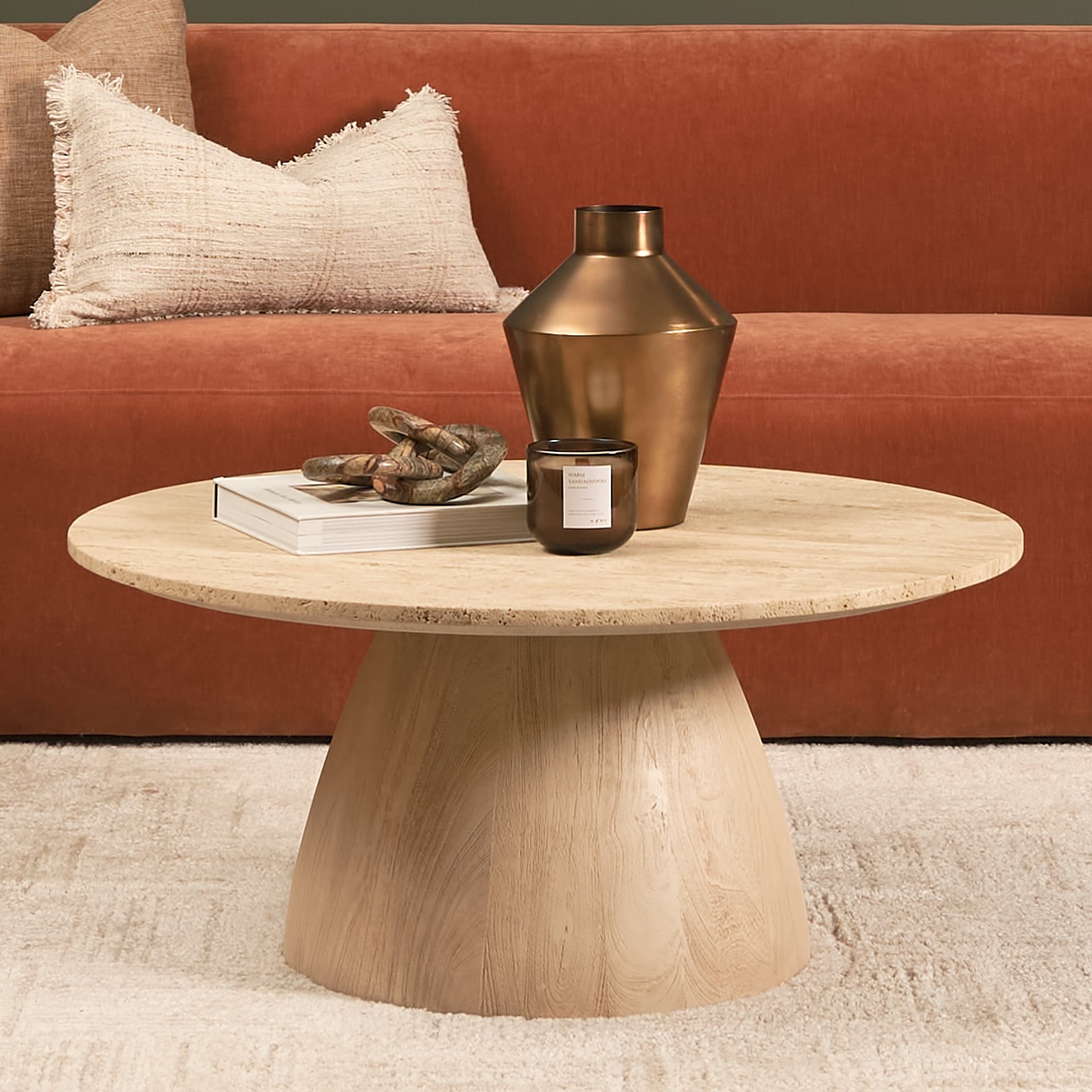 Allyson 36" Light Wood Base w/ Travertine Top Coffee Table — in a styled room