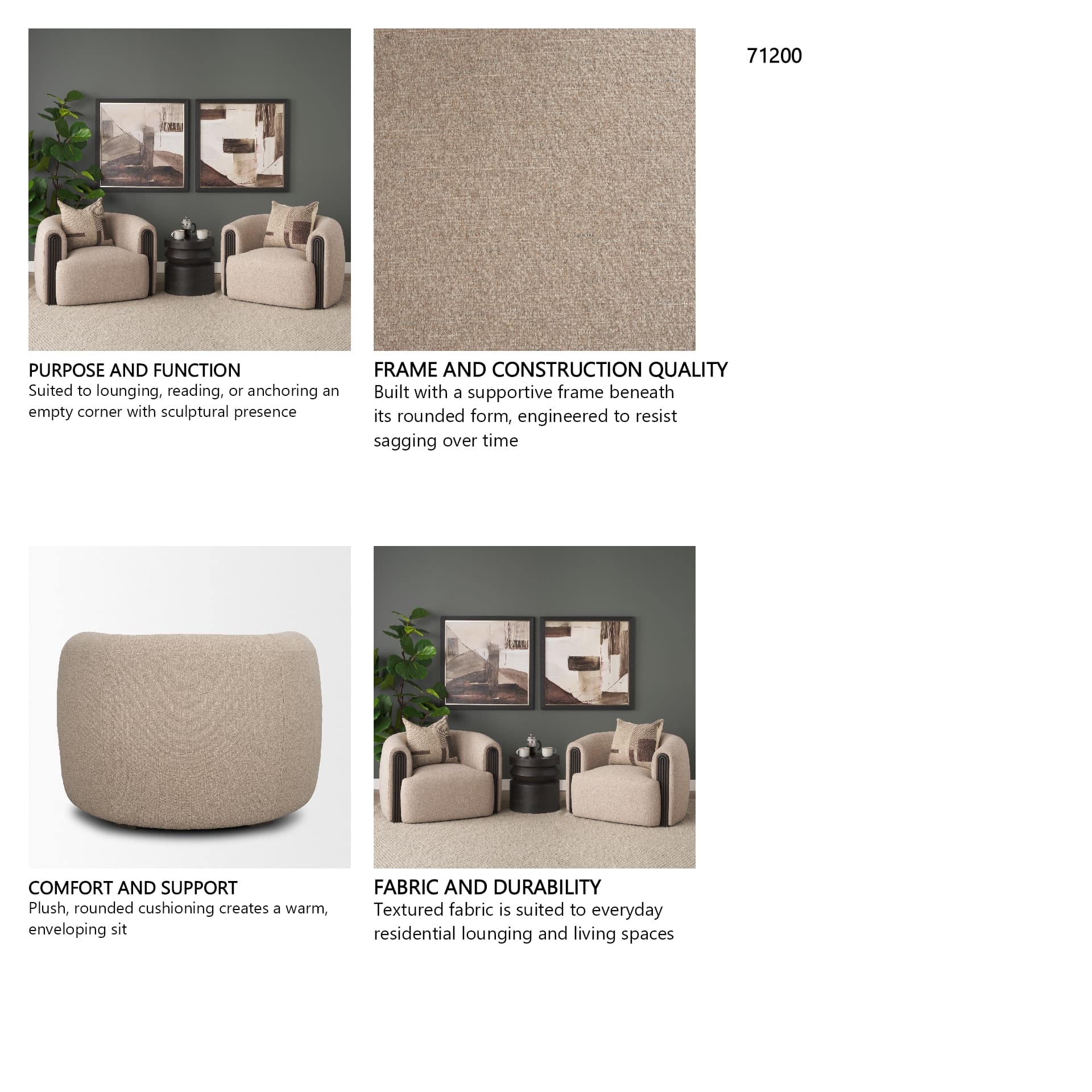 Kornelia Textured Mushroom Fabric Barrel Accent Chair — in a styled room