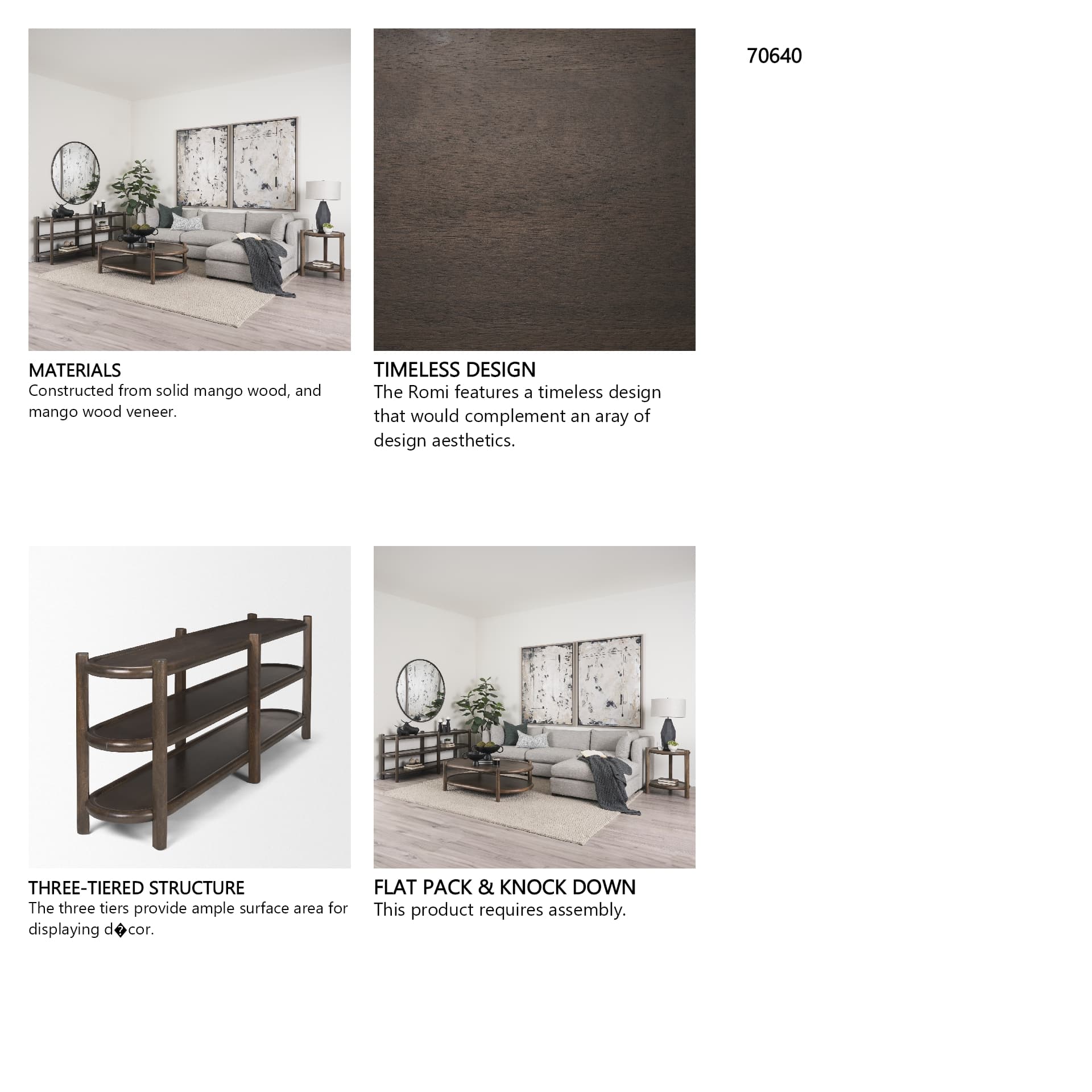 Romi Dark Brown Wood w/ 3 Shelves Oval Console Table — in a styled room