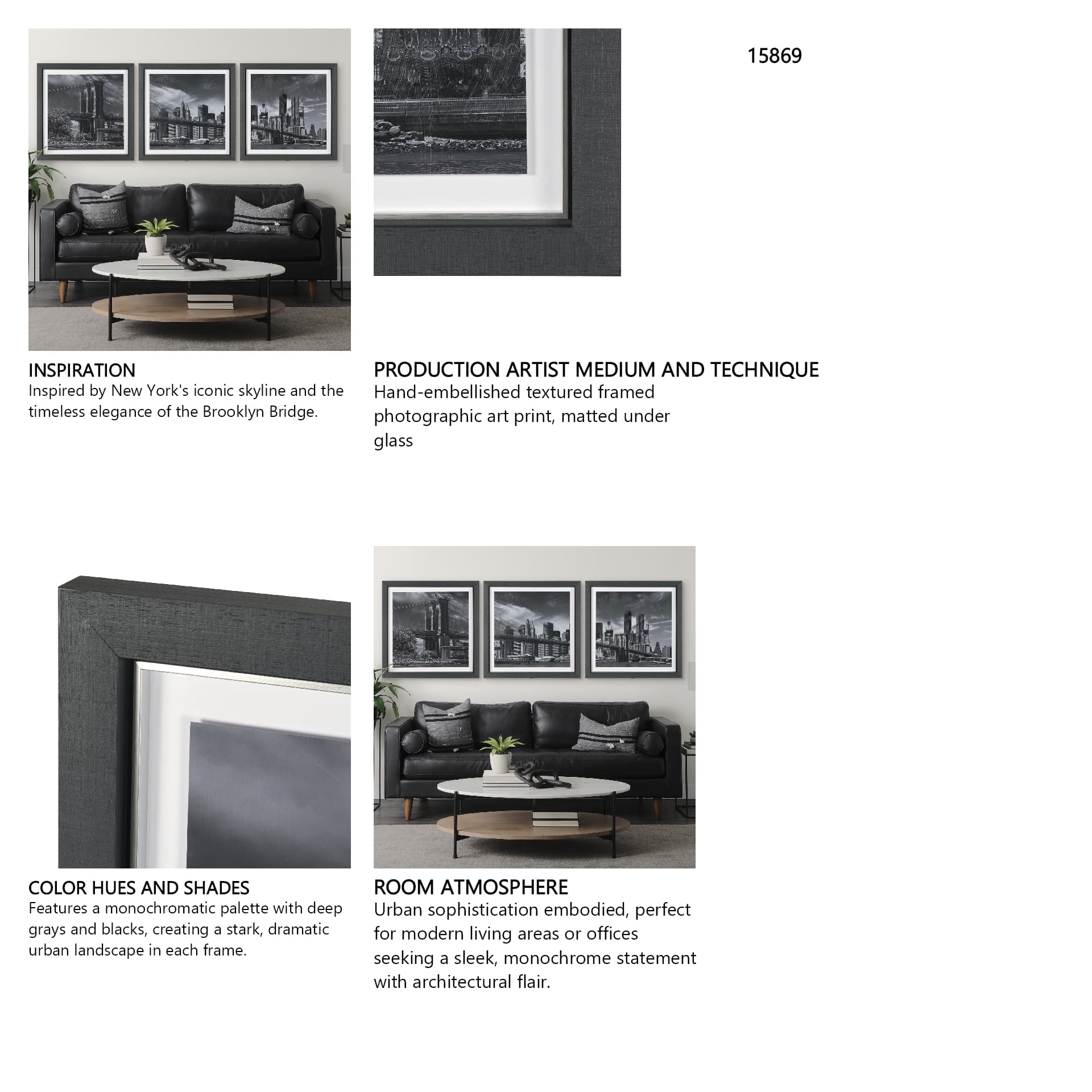 Brooklyn Bridge (Set of 3) by Richard Silver Textured Framed Art Print Matted under Glass — in a styled room