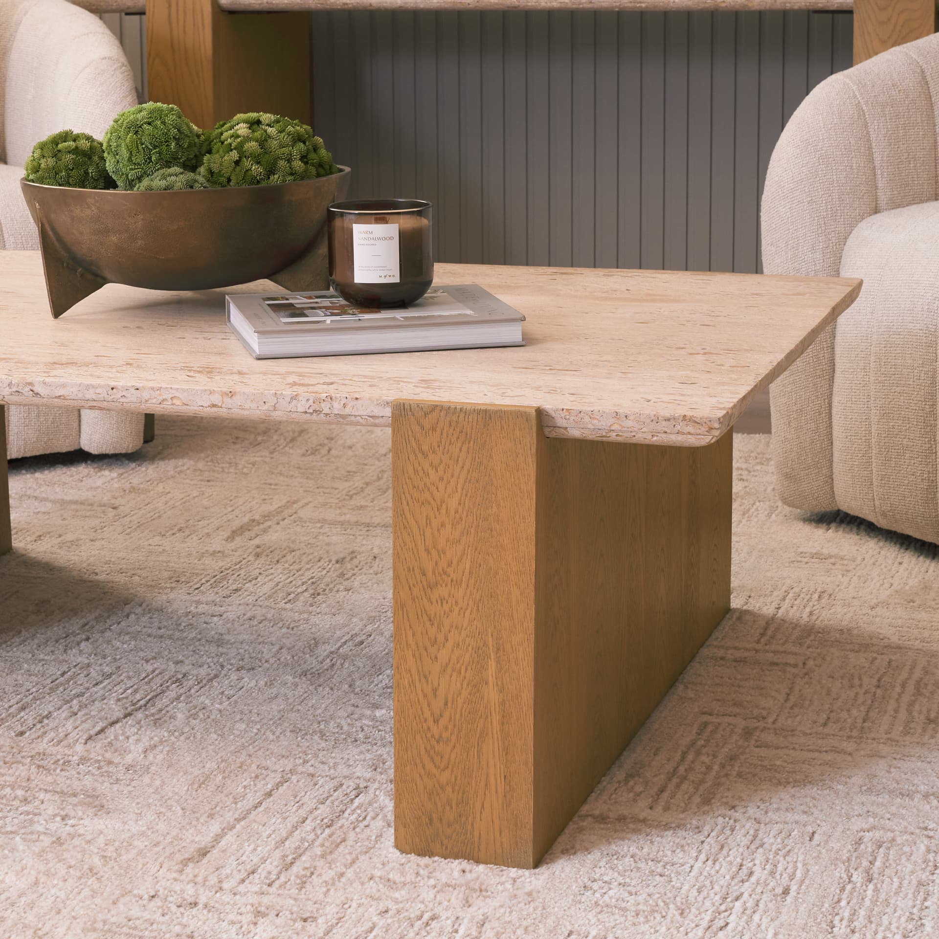 Milos Travertine Top w/ Light Brown Oak Wood Coffee Table — product photograph