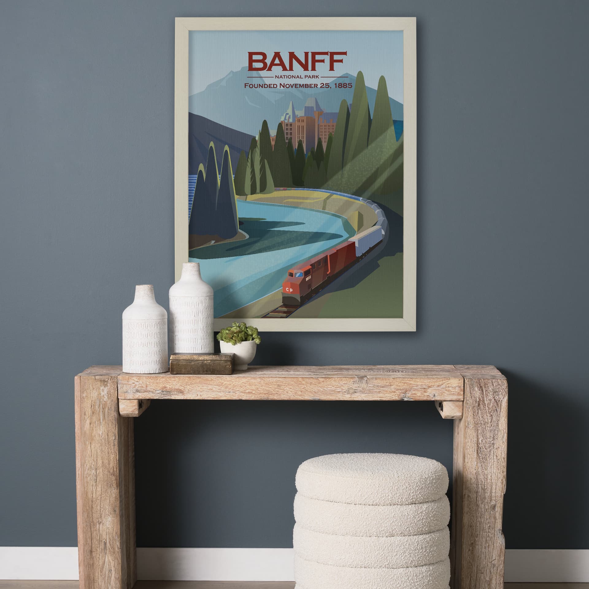Banff Go Canada (L) by Mercana Studio a Hand Embellished Decograph Framed Art Print — in a styled room