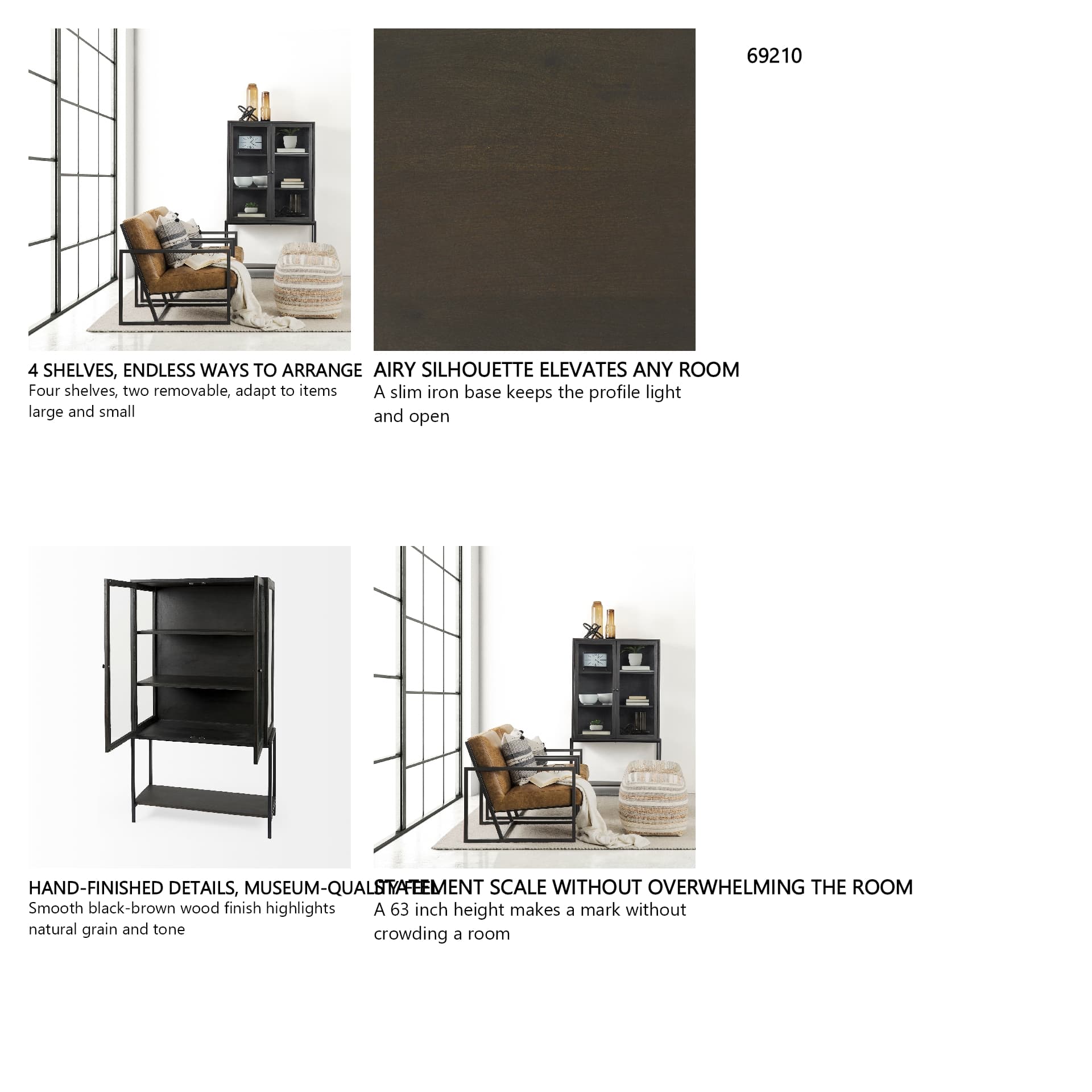 Arelius 36L x 18.75W x 63H Black-Brown Wood W/ Black Metal Base Display Cabinet — in a styled room