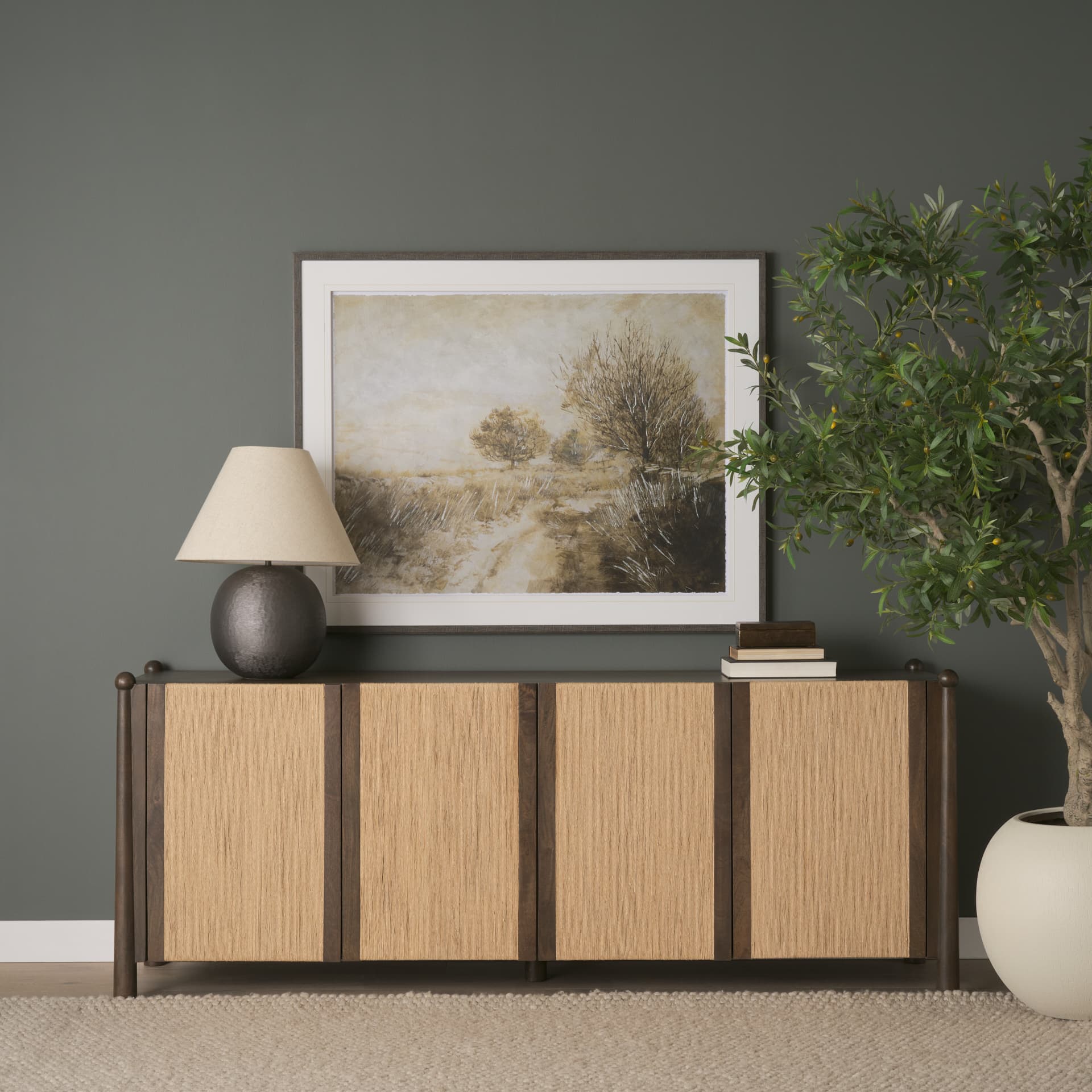 Bondi 85" Dark Brown Wood w/ Paper Rope 4 Door Closed Sideboard — product photograph