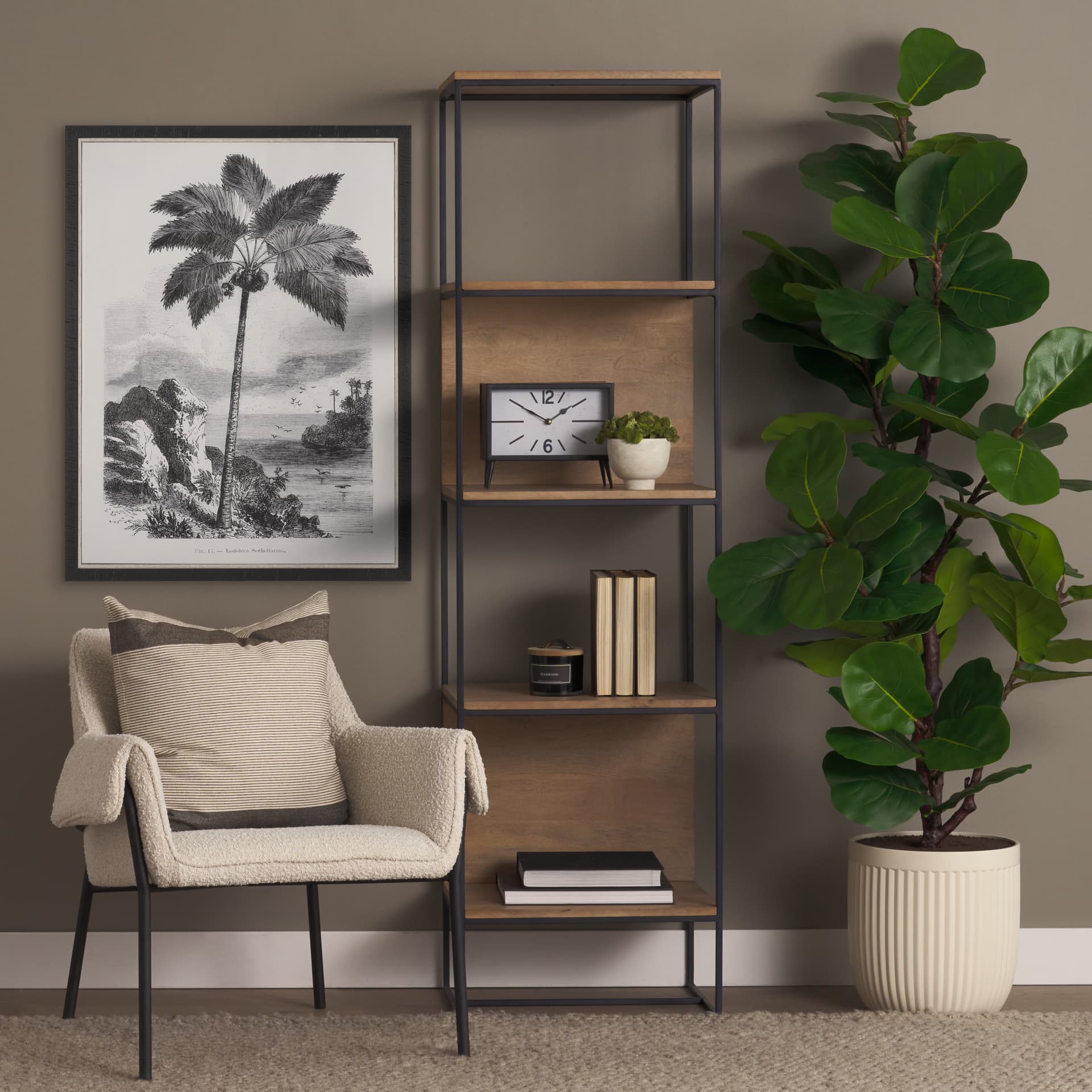 Morris 19.75 L x 15.0W x 72.5H Beige Wood W/Black Metal Frame 4-Tier Shelving Unit — in a styled room