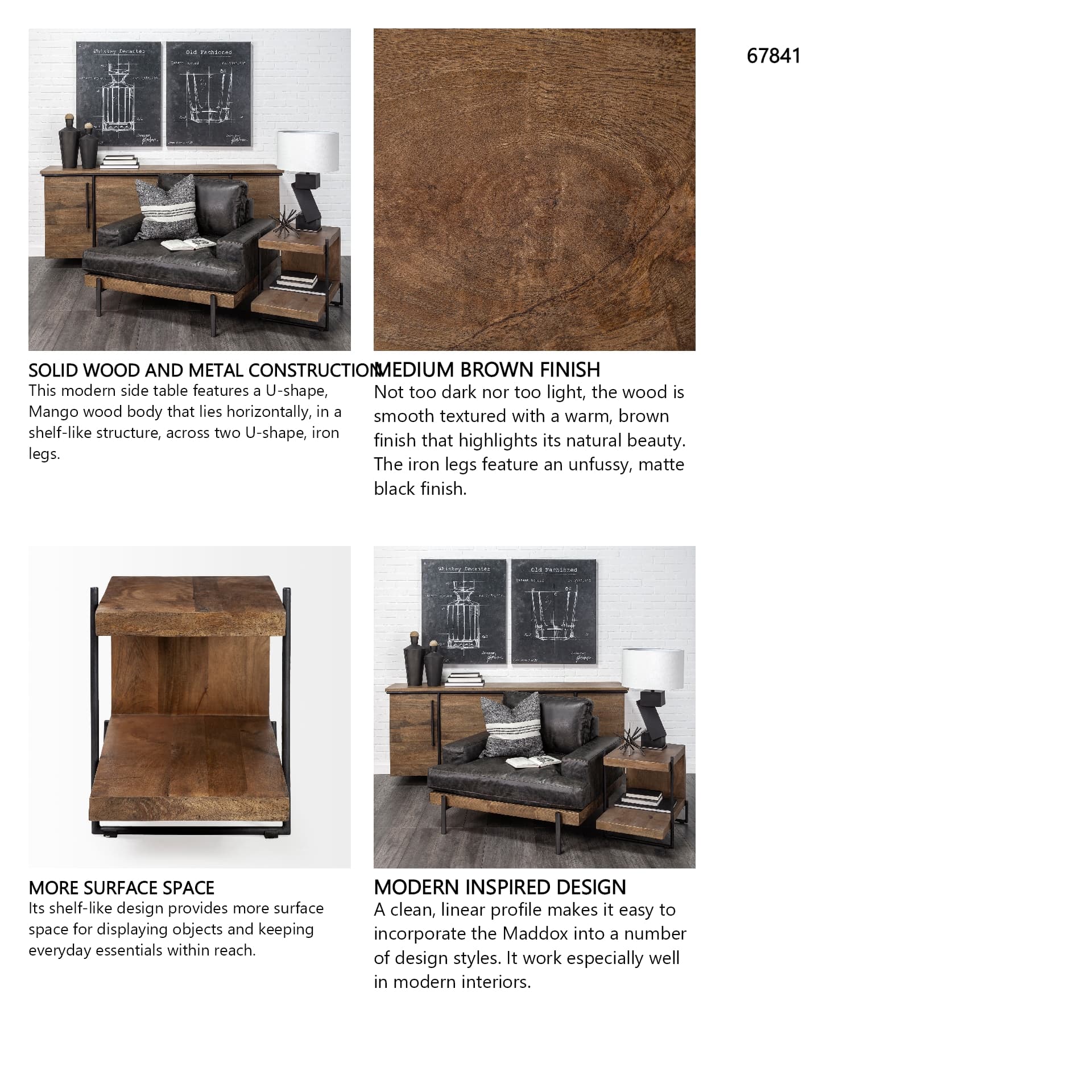 Maddox 30L x 18W x 22H Medium Brown Wood w/ Black Metal U-shaped End/Side Table — in a styled room