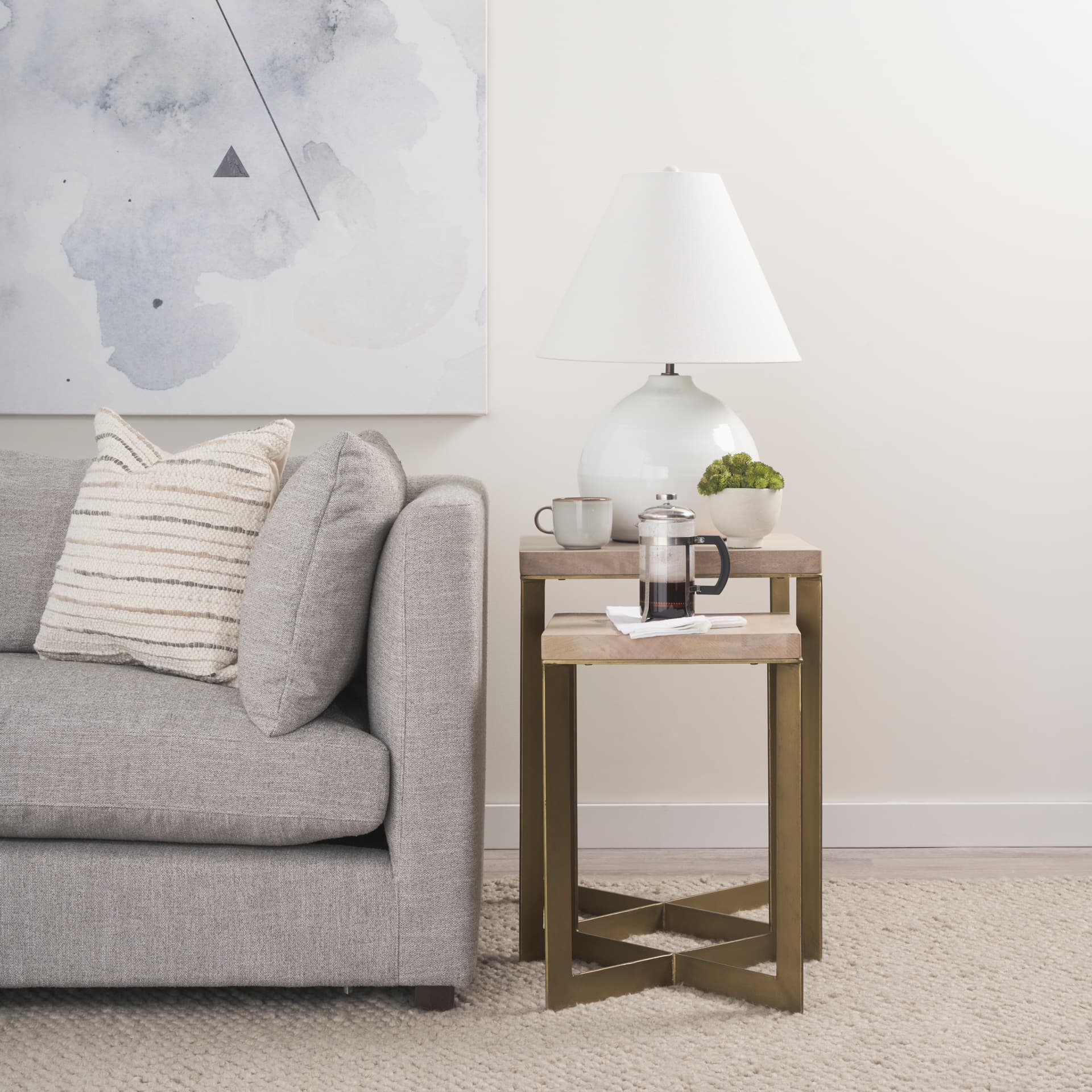 Faye (Set of 2) 19L x 19W x 26H Beige Finished Wood W/ Gold Metal Base Accent Tables — product photograph