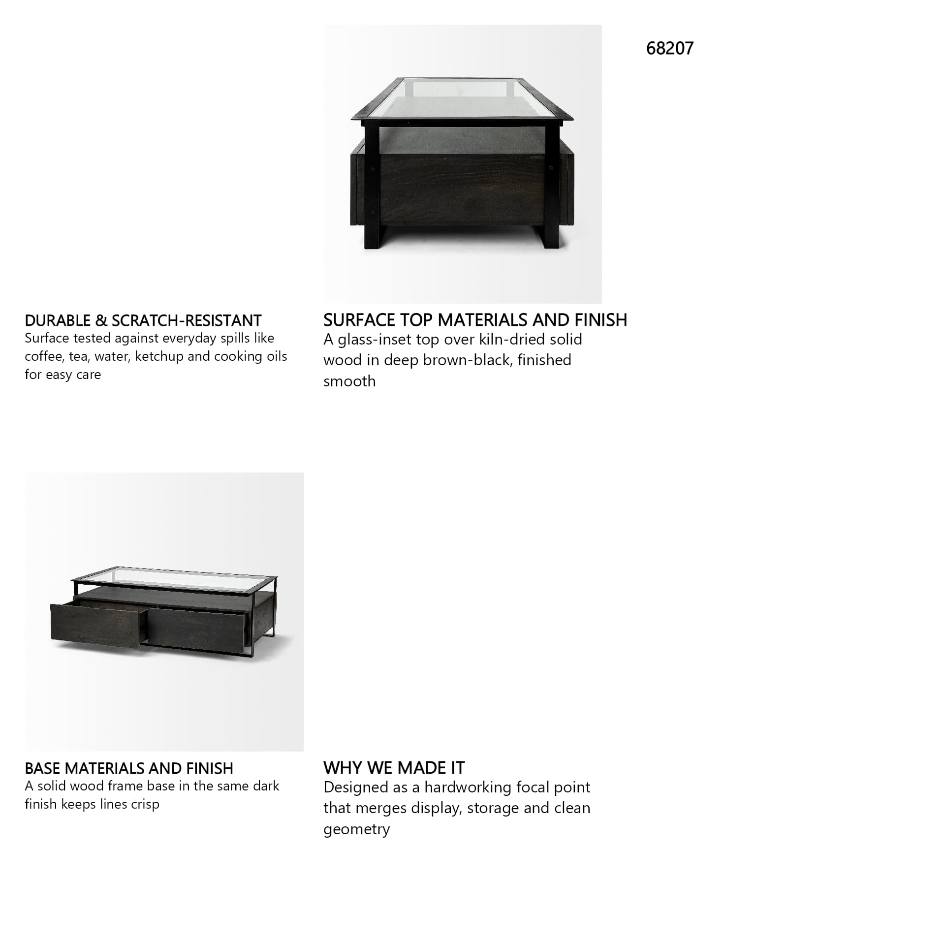 Vidro 54x30 Rectangular Glass Top Black Solid Wood Drawers & Black Frame Coffee Table — in a styled room