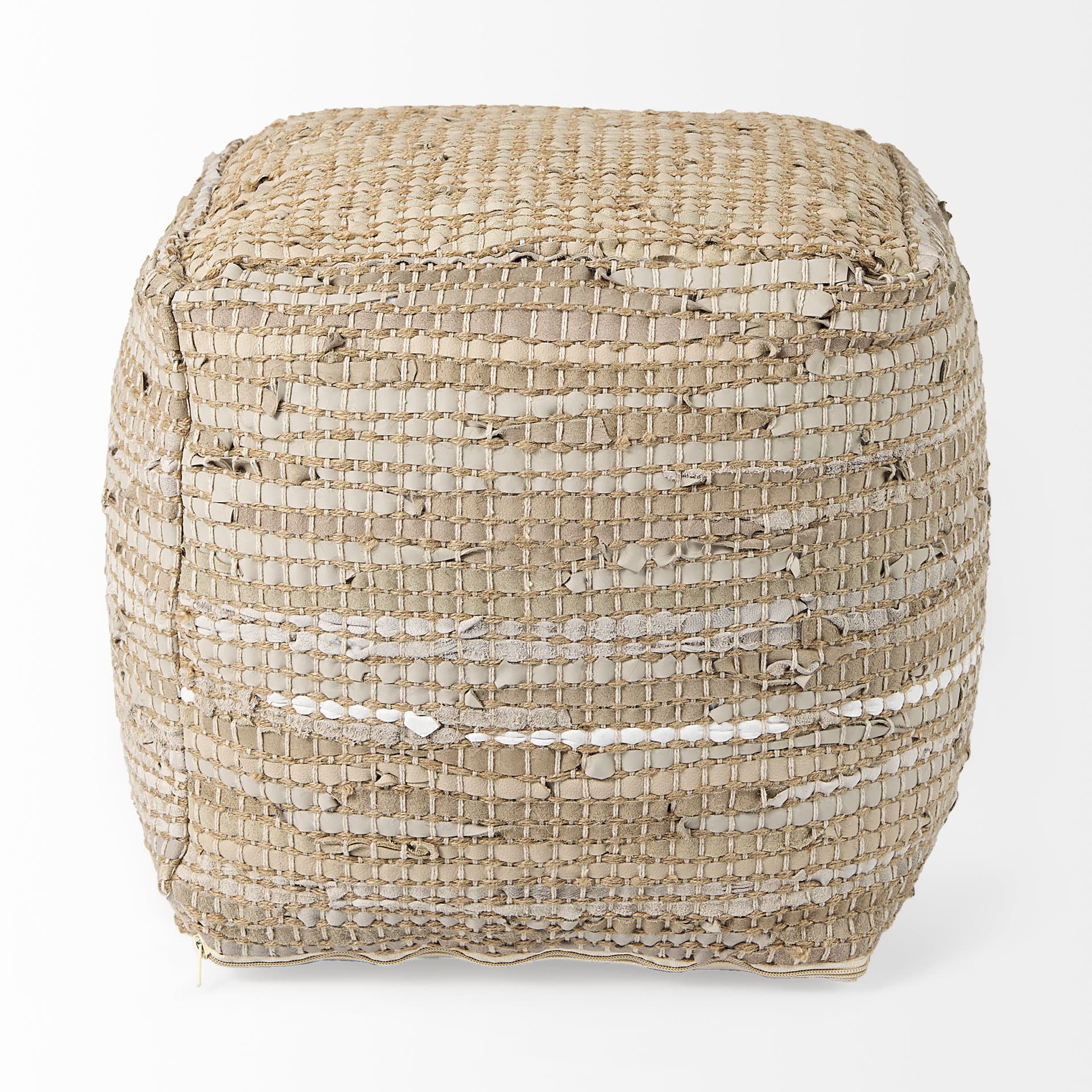 Aalia 16.0L x 16.0W x 16.0H Beige Leather and Jute Pouf — product photograph