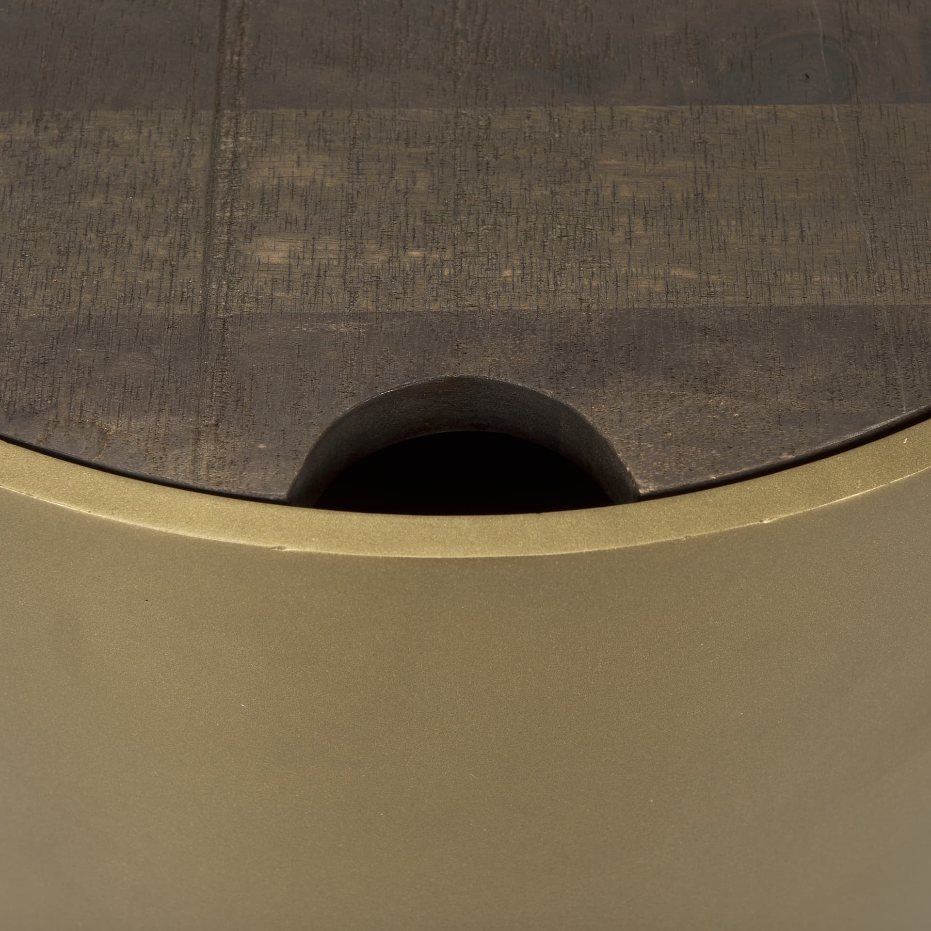 Eclipse Antique Brass Metal Drum Base w/ Dark Brown Wood Top End/Side Table — product photograph
