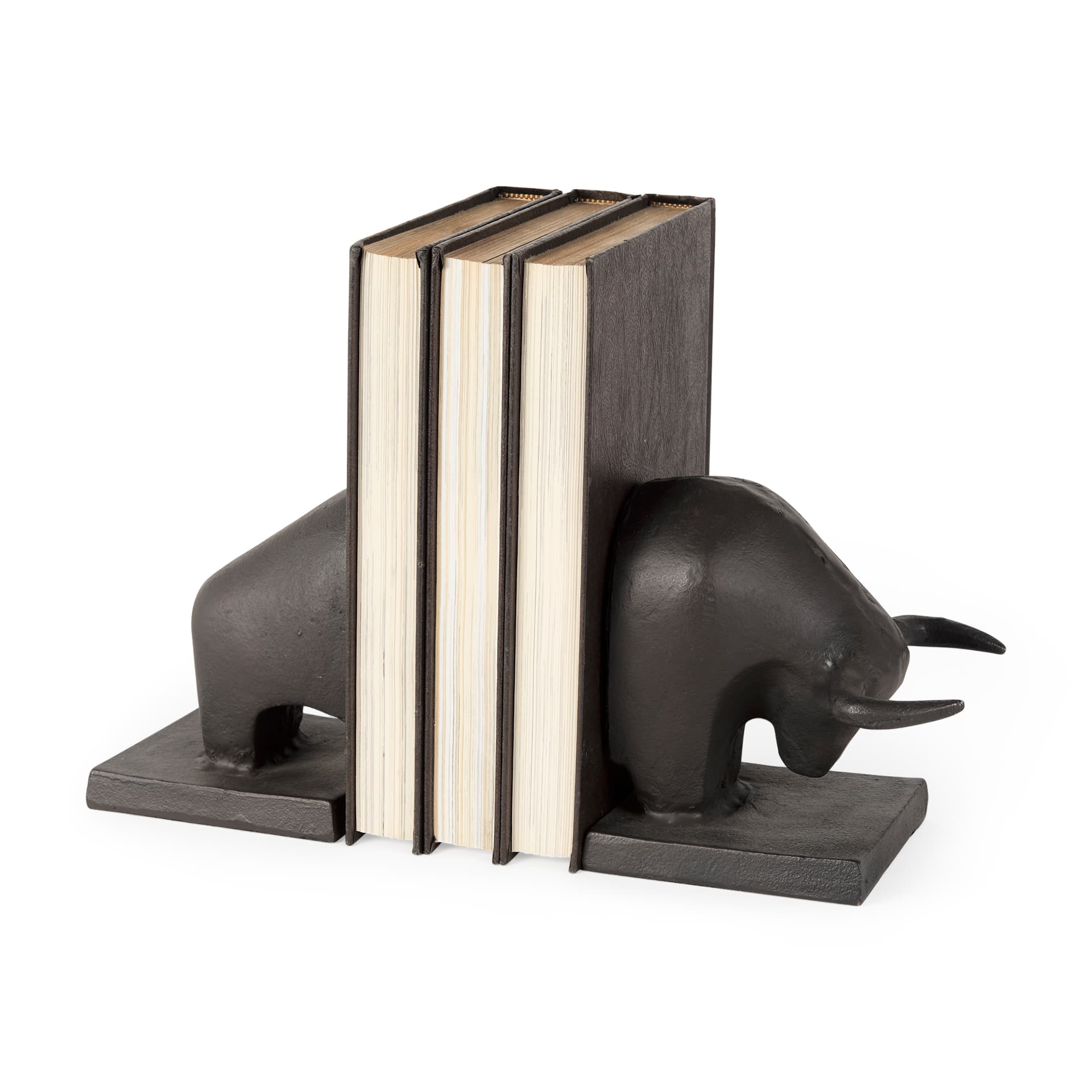 Tauro III (Set of 2) 10L x 5W Black Cast Aluminum Raging Bull Bookends — product photograph