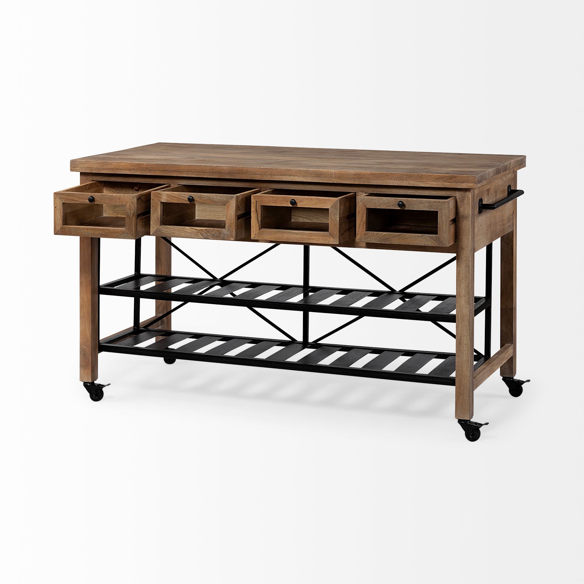 Stuart I Brown Solid Wood Top Two-Tier Black Metal Rolling Kitchen Island — product photograph