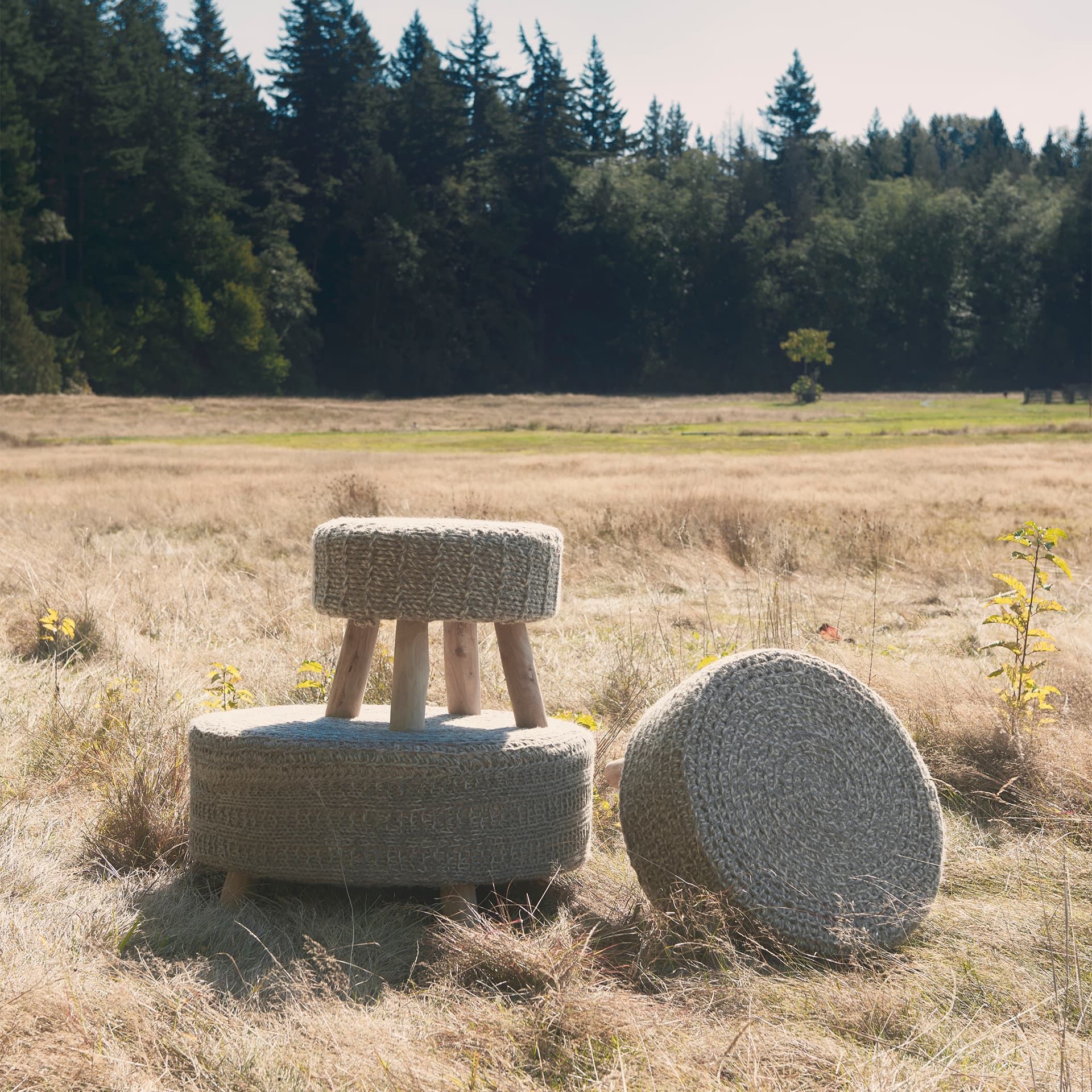 Bina 30.0L x 30.0W x 15.0H Dark Gray 4 Legged Wool Stool — in a styled room