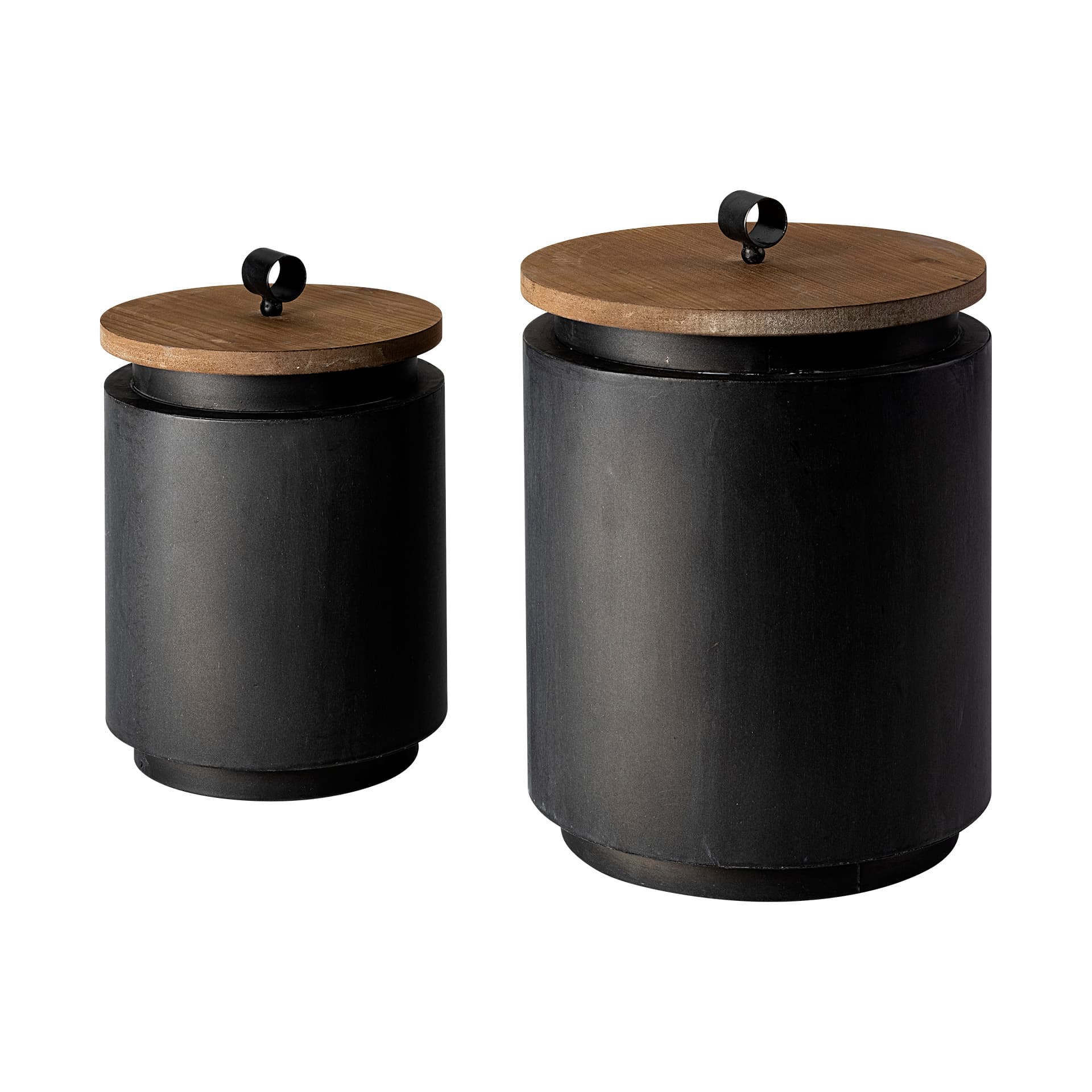 Cyril (Set of 2) Gray Metal W/ Brown Wood Lids Jars — product photograph