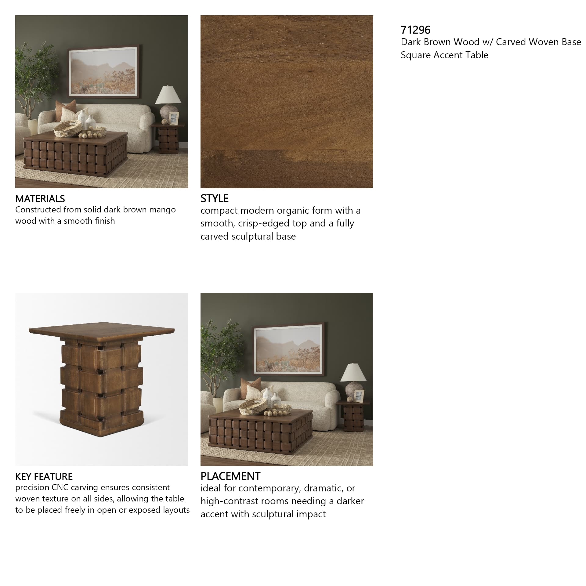 Trellyn Dark Brown Wood w/ Carved Woven Base Square Accent Table — in a styled room