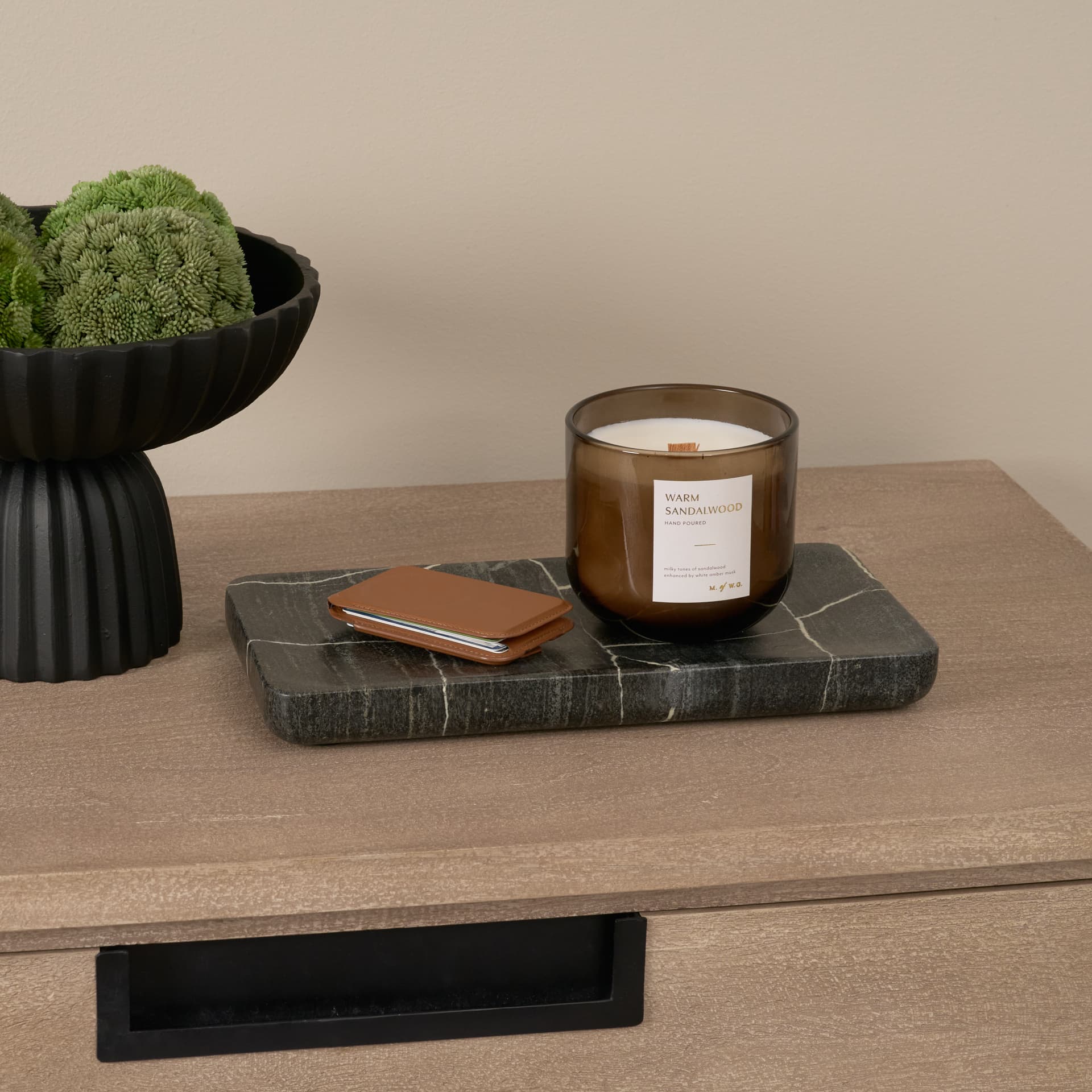 Tratto Rectangular Black Marble Tray — in a styled room