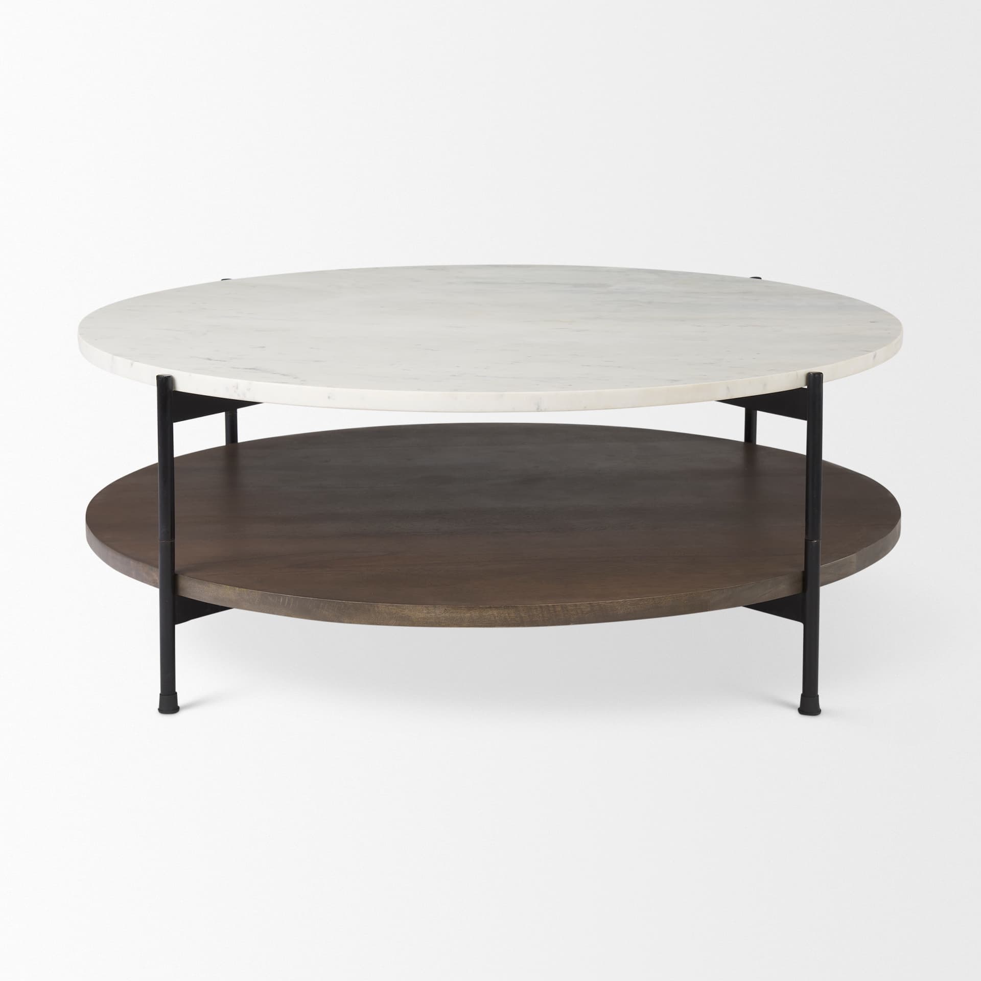 Larkin 42" Round Two-Tier White Marble Top and Solid Wood Shelf w/ Black Metal Frame Coffee Table — product photograph