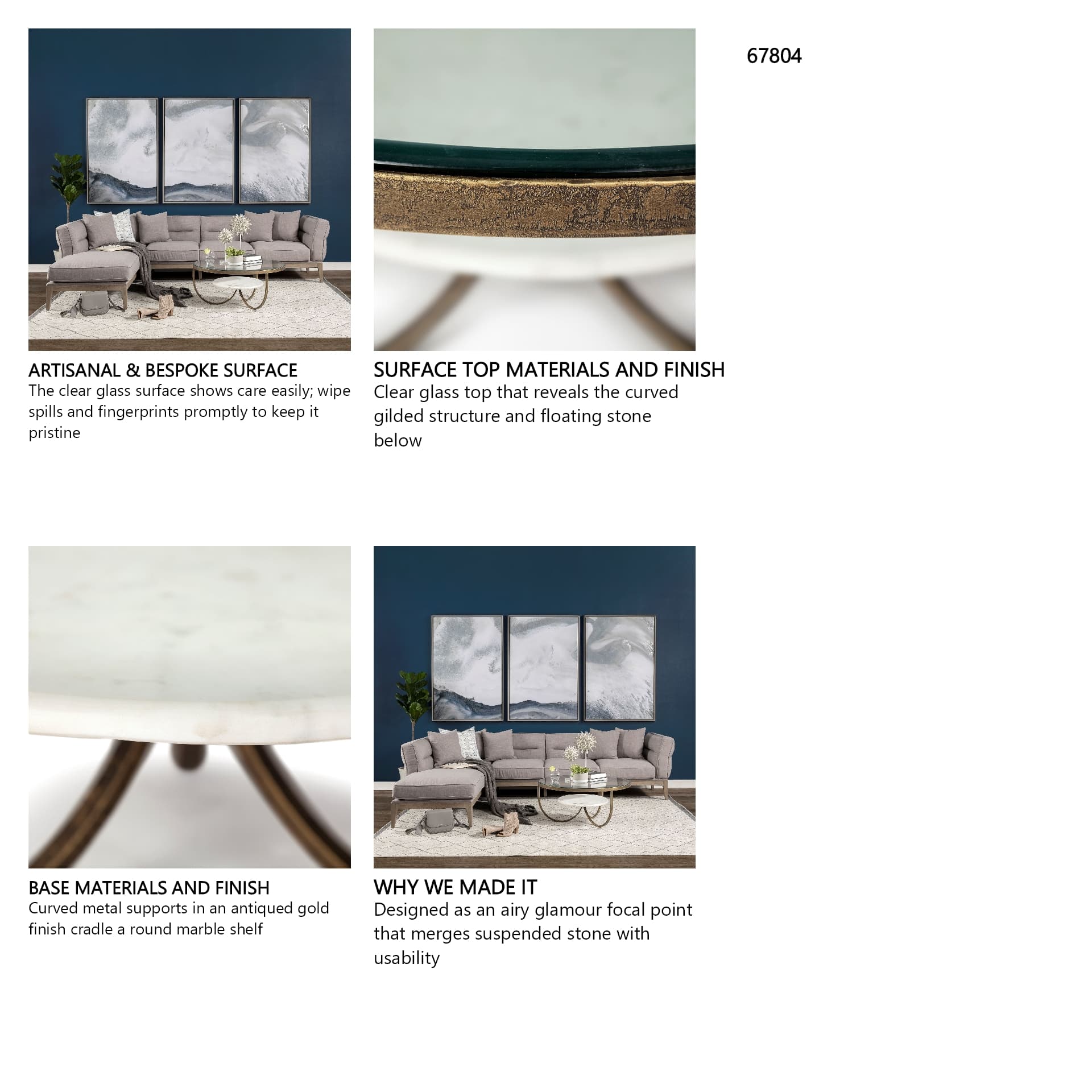 Reinhardt 36" Round Glass Top Marble Shelf Gold Metal Base Coffee Table — in a styled room