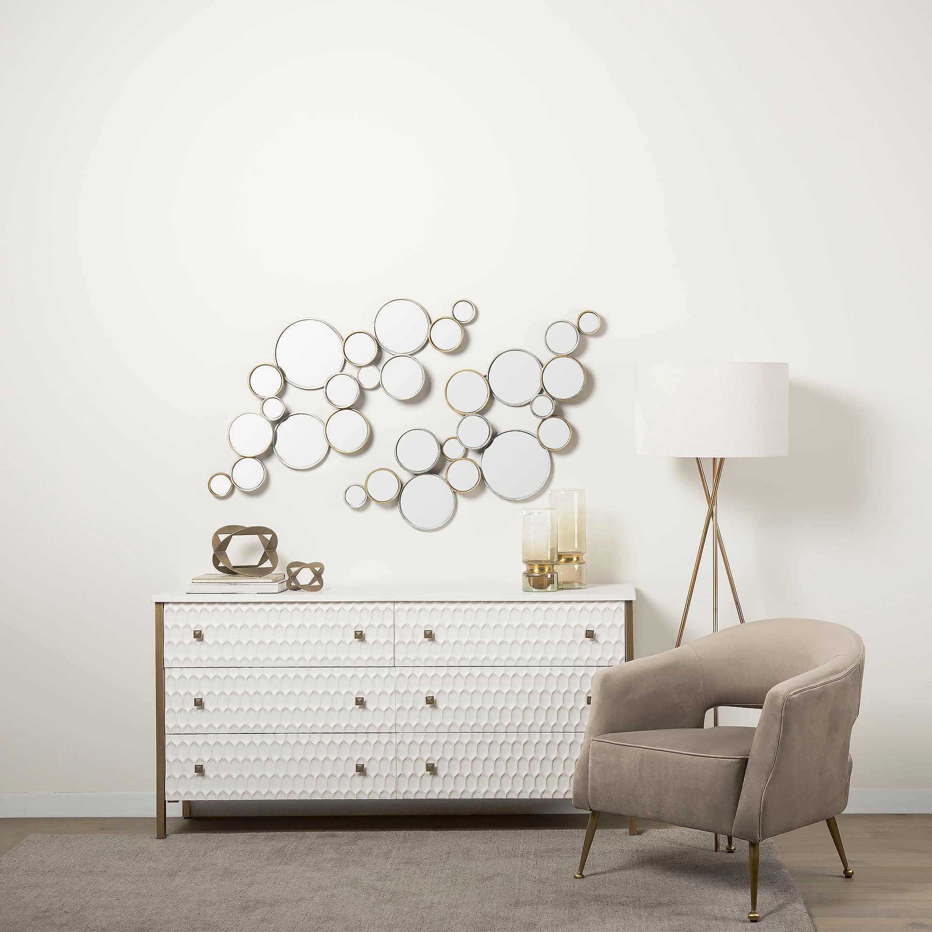Savannah White Fir Veneer w/ Gold Metal Accents 6-Drawer Sideboard — in a styled room