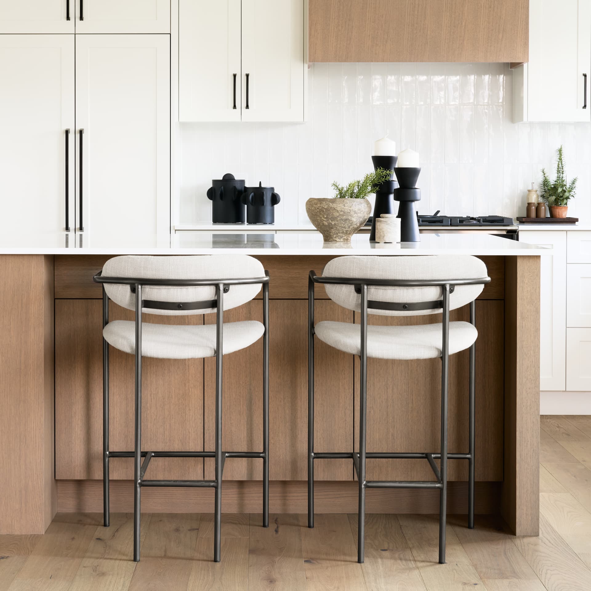 Parker Backless 36in Seat Counter Stool | Beige Fabric w/ Grey Metal — product photograph