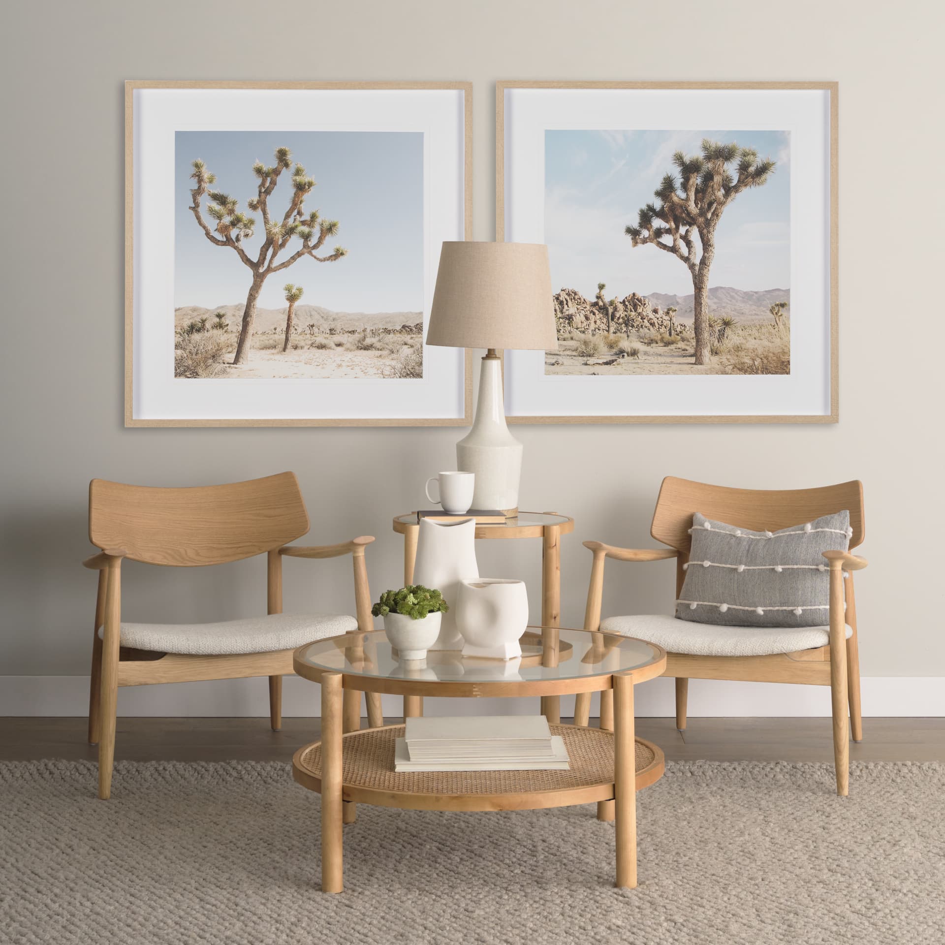 Haggen Light Brown Oak Wood w/ Cream Fabric Accent Chair — in a styled room