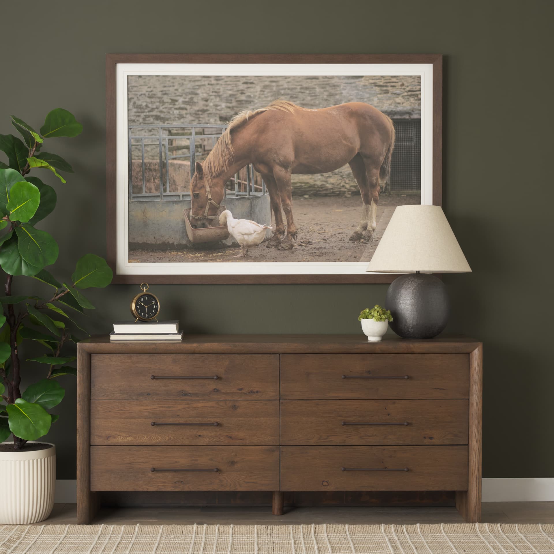Belford 6-Drawer Dark Brown Oak Wood Dresser — in a styled room