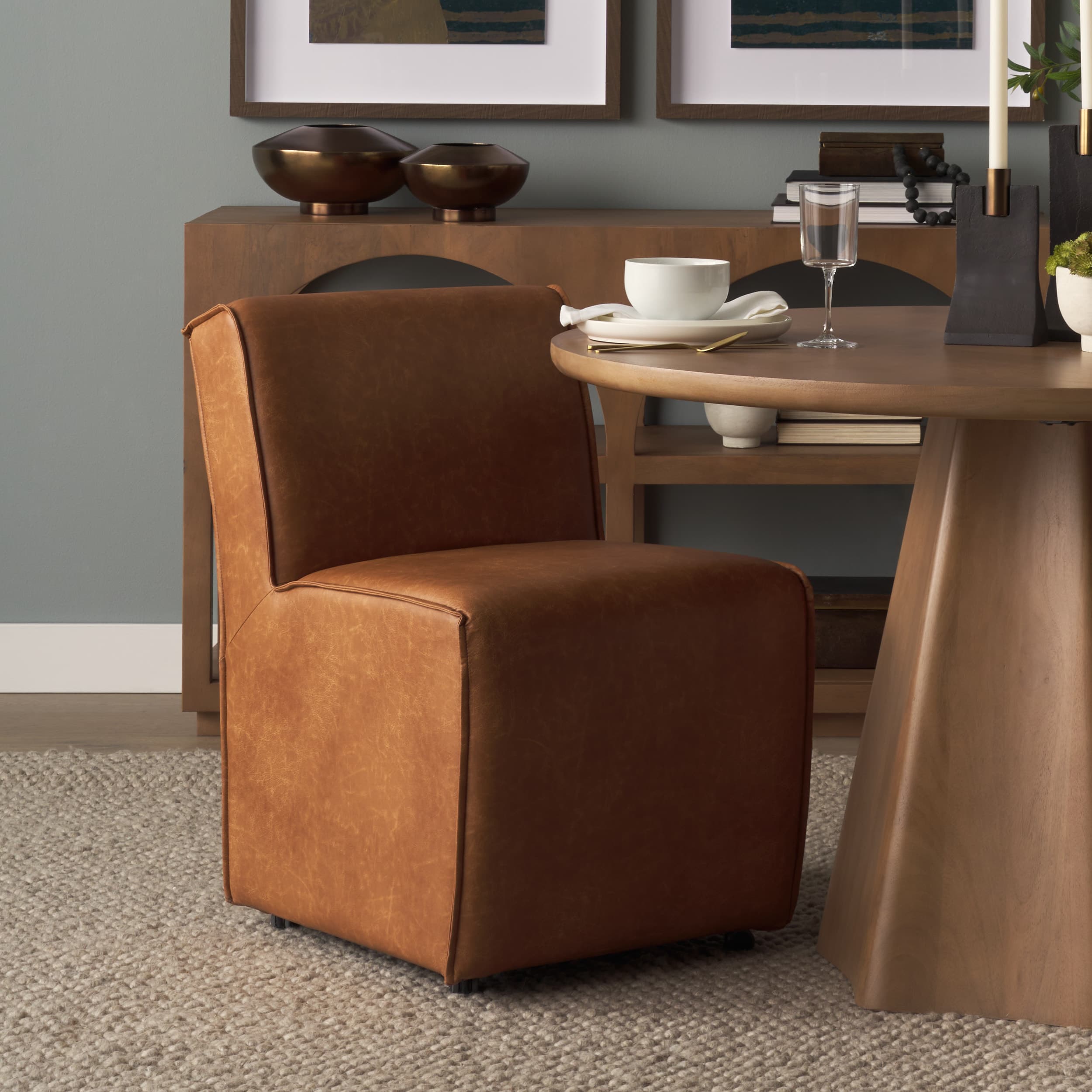 Damon Barrel Back Dining Arm Chair | Cognac Faux Leather w/ Casters — product photograph