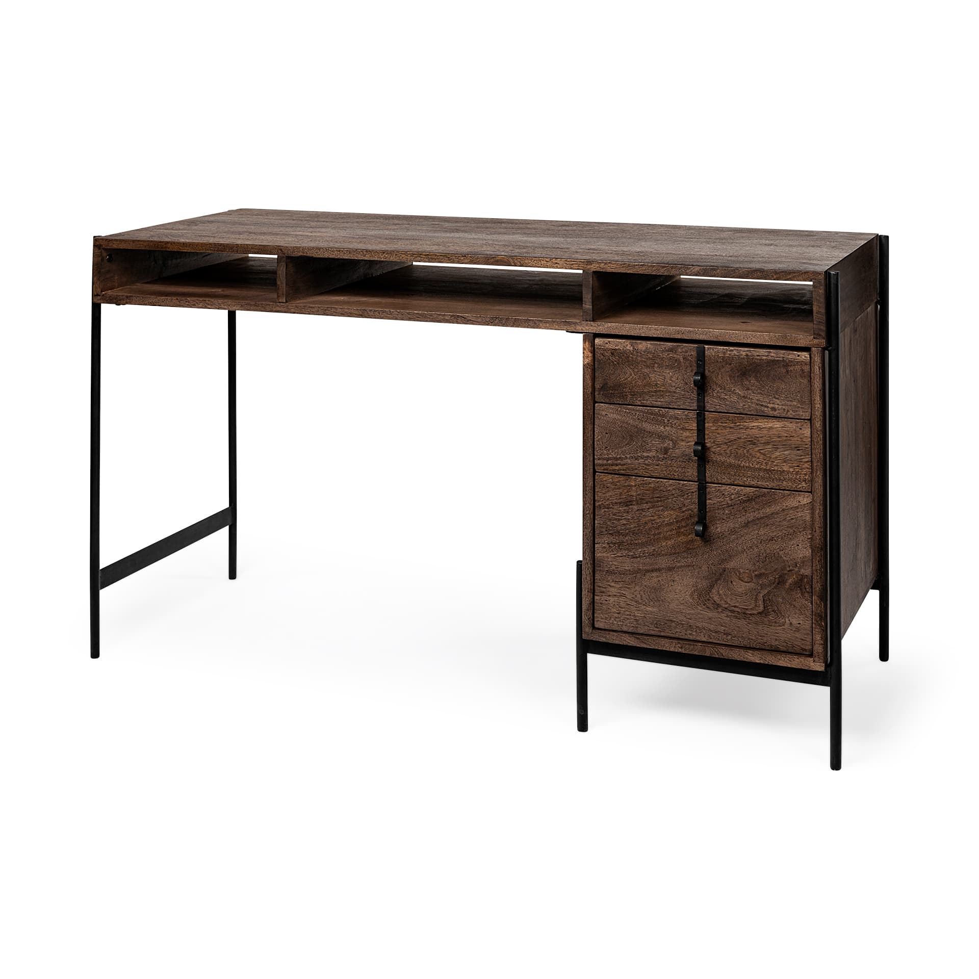 Glenn VII 56L x 22W Dark Brown Wood w/ Black Iron Frame, 3 Drawer Office Desk — product photograph