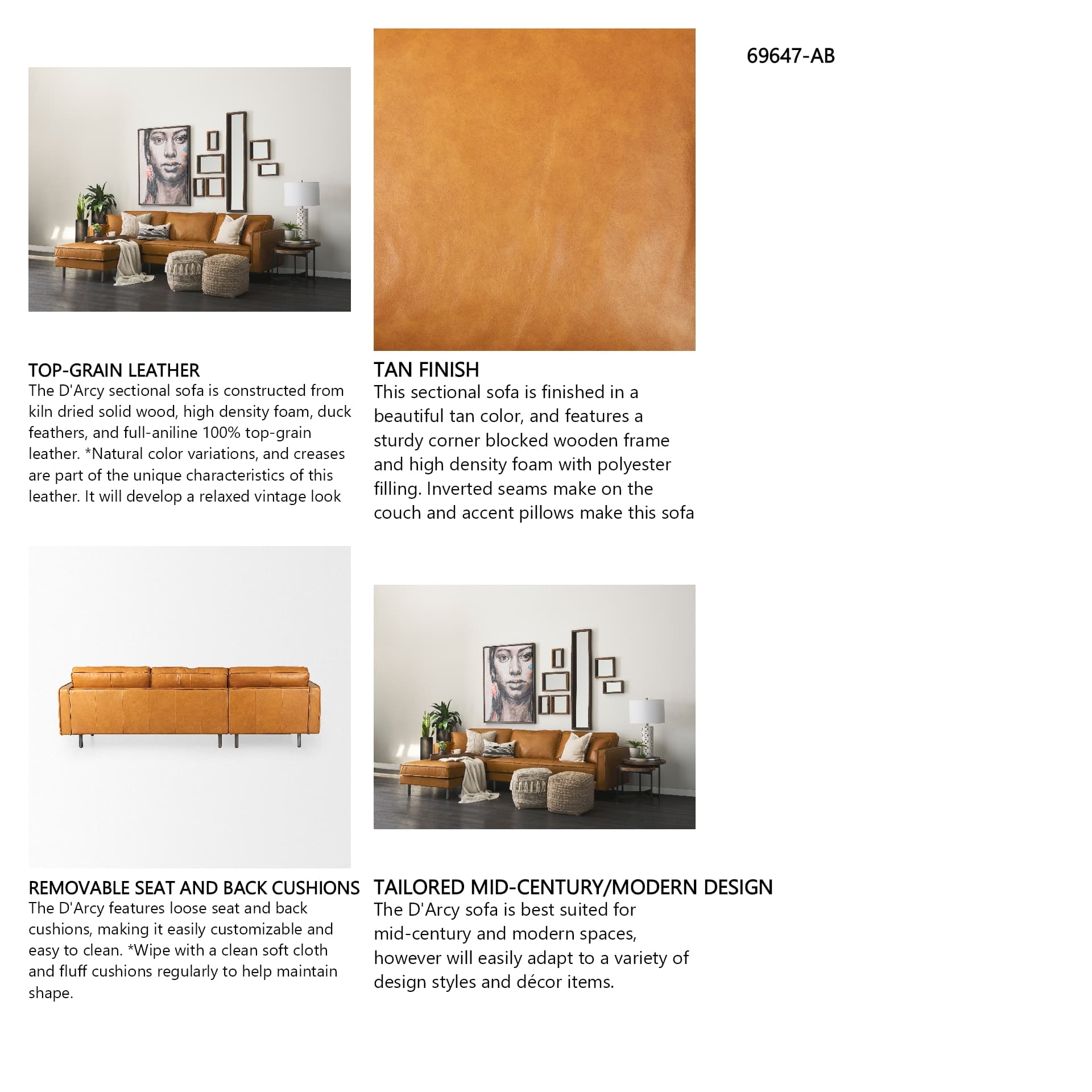 D'Arcy 111"L x 70"D x 33"H Tan Leather Left Chaise Sectional — in a styled room