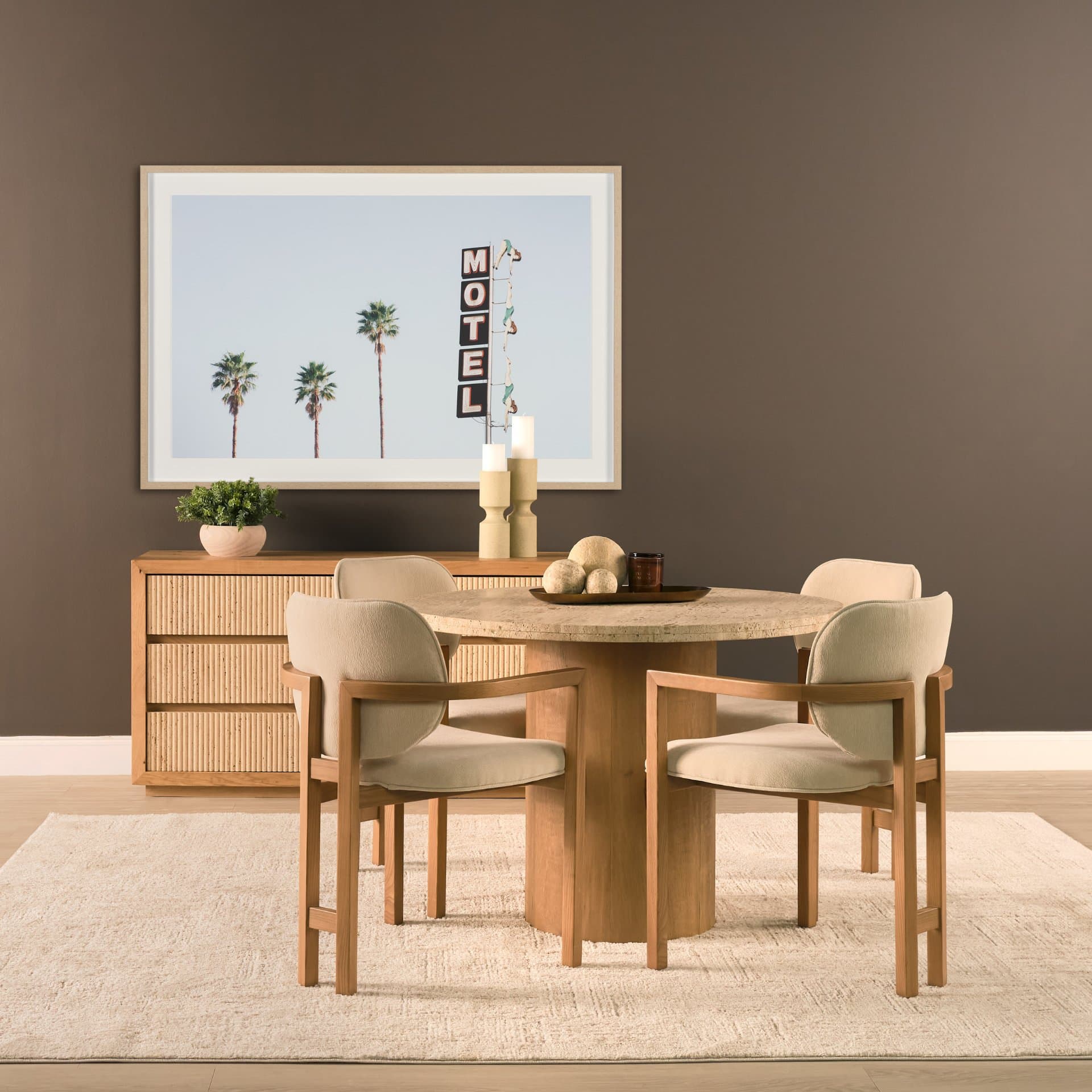 Carlisle Curved Back Dining Arm Chair | Cream Chenille w/ Brown Wood — product photograph