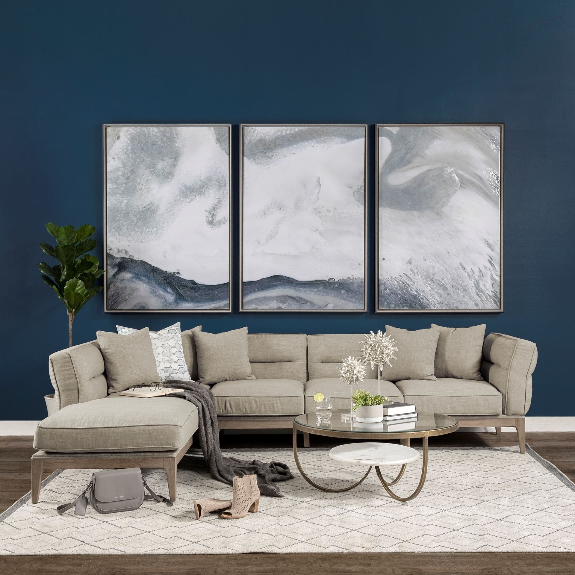 Denali IV 121" Beige Upholstered Wooden Frame Left Four Seater Sectional — in a styled room