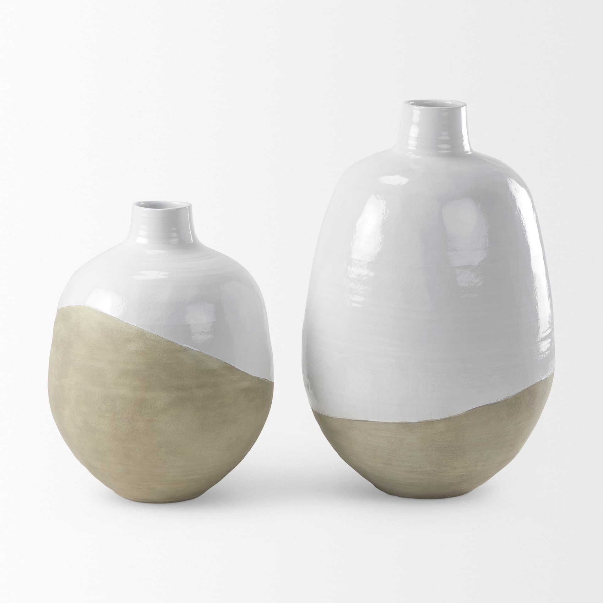 Amos 18.5L x 18.5W x 24.4H White and Dark Beige Color Blocked Ceramic Floor Vase — product photograph