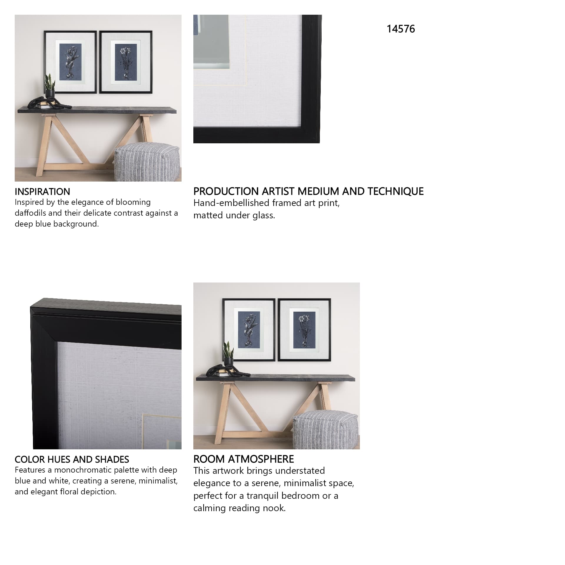 Botanical sketches II (Blue) by Mercana Studio Hand Embellished Framed Art Print Matted under Glass — in a styled room