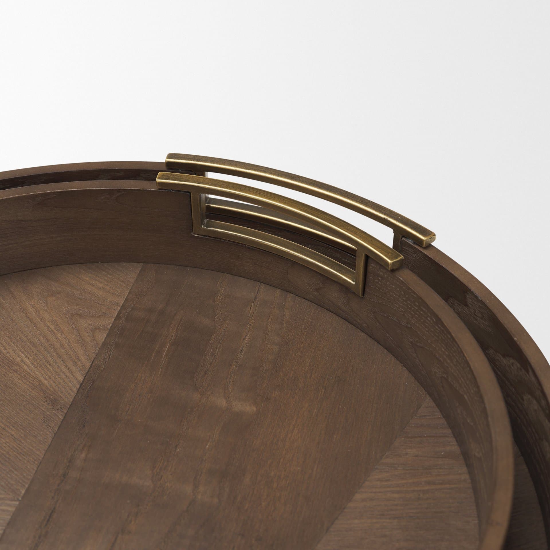 Langford Round Dark Brown Walnut Wood w/ Brass Handles Decorative Tray Set — product photograph