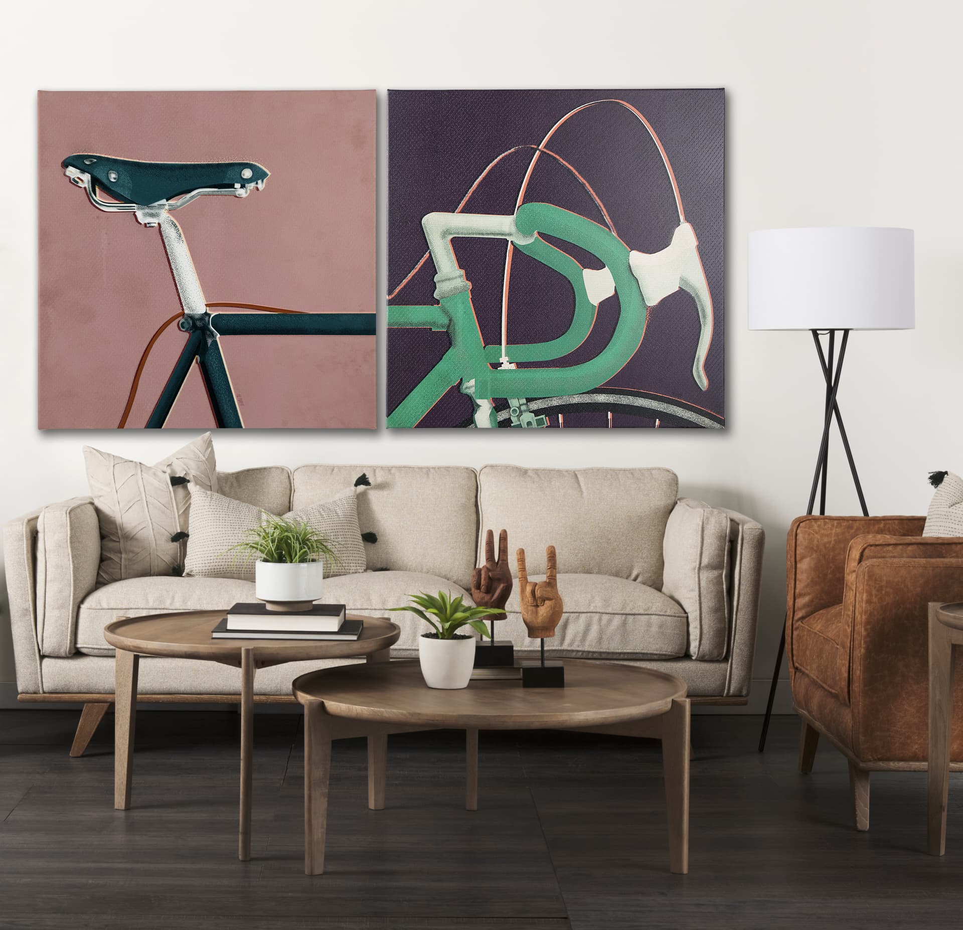 Bike Saddle Pink by Alarm a Hand Embellished Textured Canvas — in a styled room