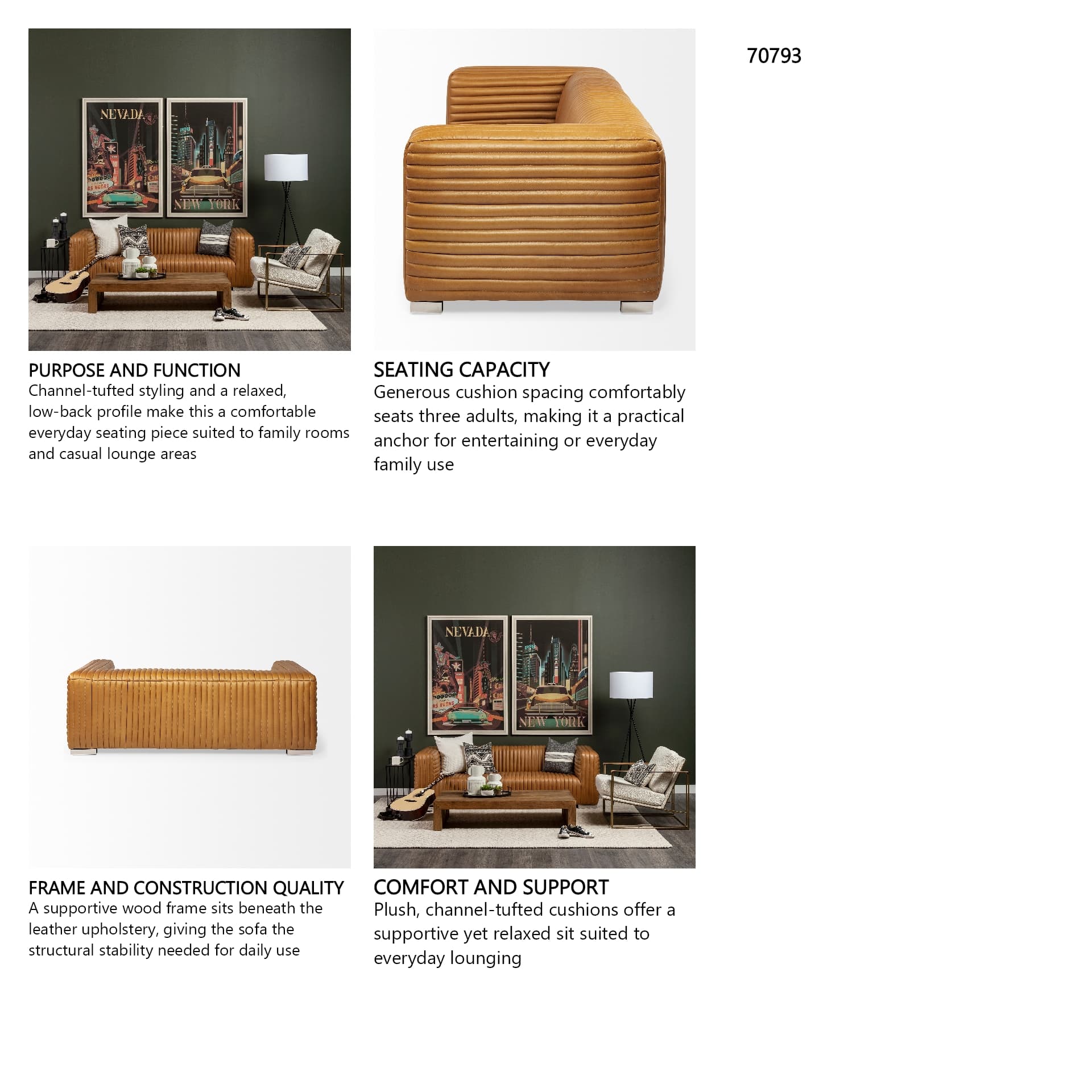 Ricciardo 82.5W Cognac Leather Three Seater Sofa — in a styled room