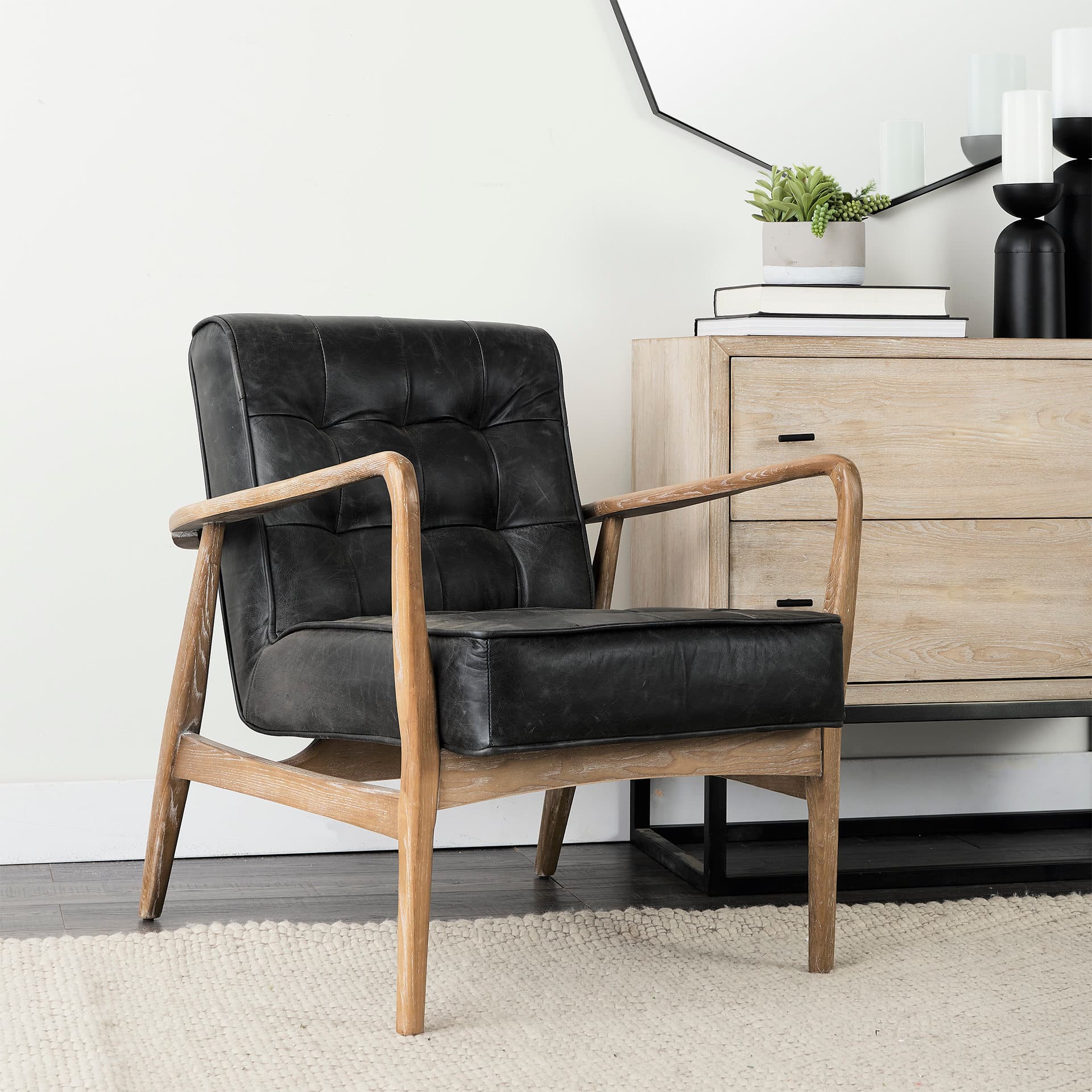 Phineas Black Leather W/ Brown Wooden Frame Accent Chair — product photograph