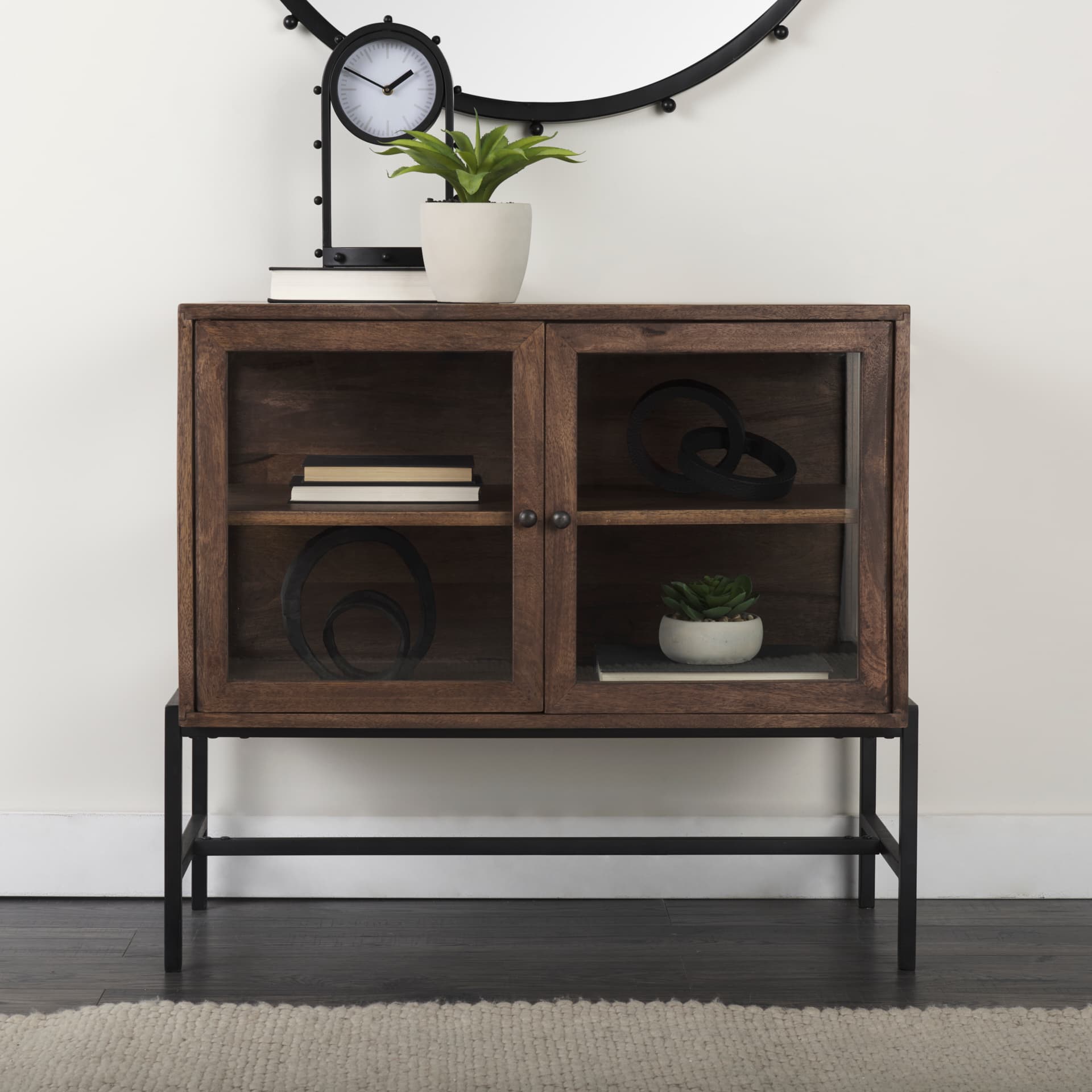 Arelius 36L x 18W x 32H Medium Brown Wood, Black Metal Base w/ 2 Glass Doors Accent Cabinet — product photograph